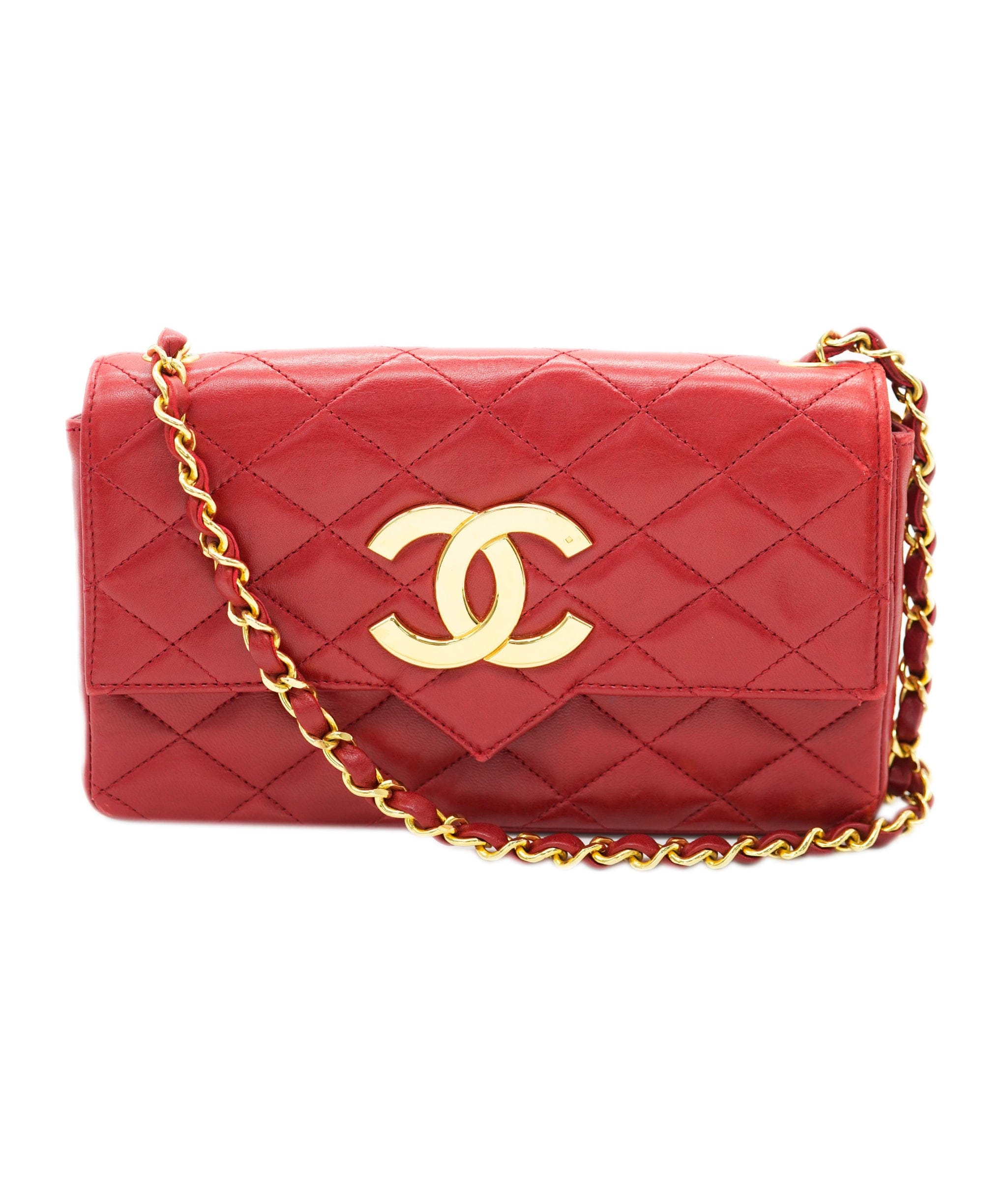 Chanel CHANEL VINTAGE BIG COCO PUSH LOCK CHAIN SHOULDER BAG RED LAMB SKIN DBXS0021