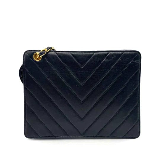 Chanel CHANEL VINTAGE CHEVRON CHAIN SHOULDER BAG BLACK LAMB SKIN DXBS0078