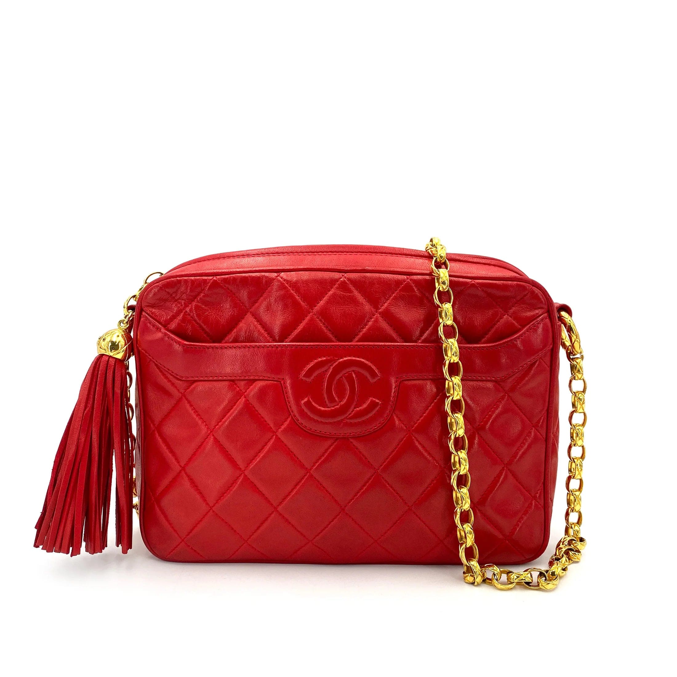 Chanel CHANEL VINTAGE FRINGE BIJOU CHAIN SHOULDER BAG RED LAMB SKIN DXBS0140