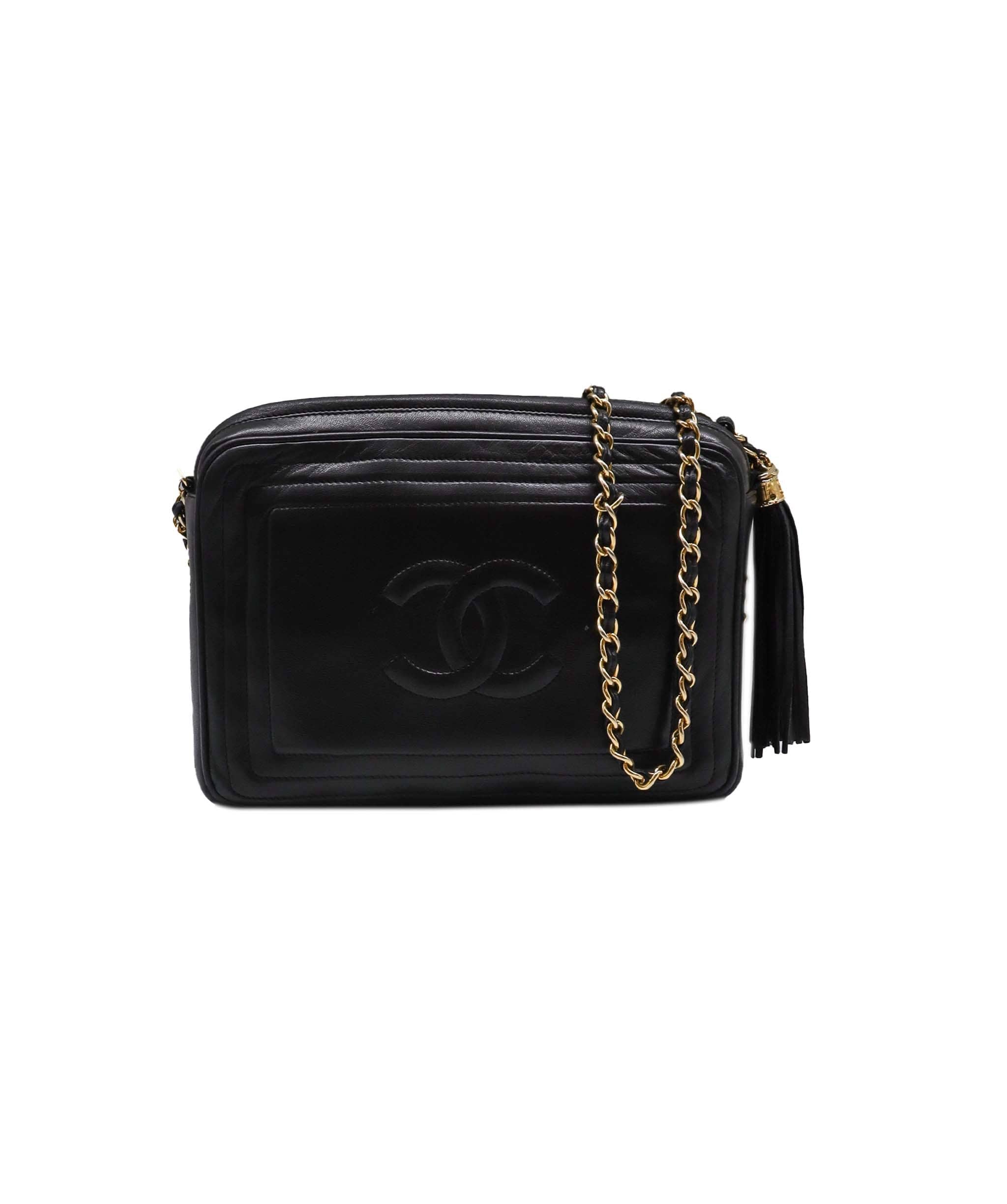 Chanel CHANEL VINTAGE FRINGE CHAIN SHOULDER BAG BLACK LAMB SKIN 90243352