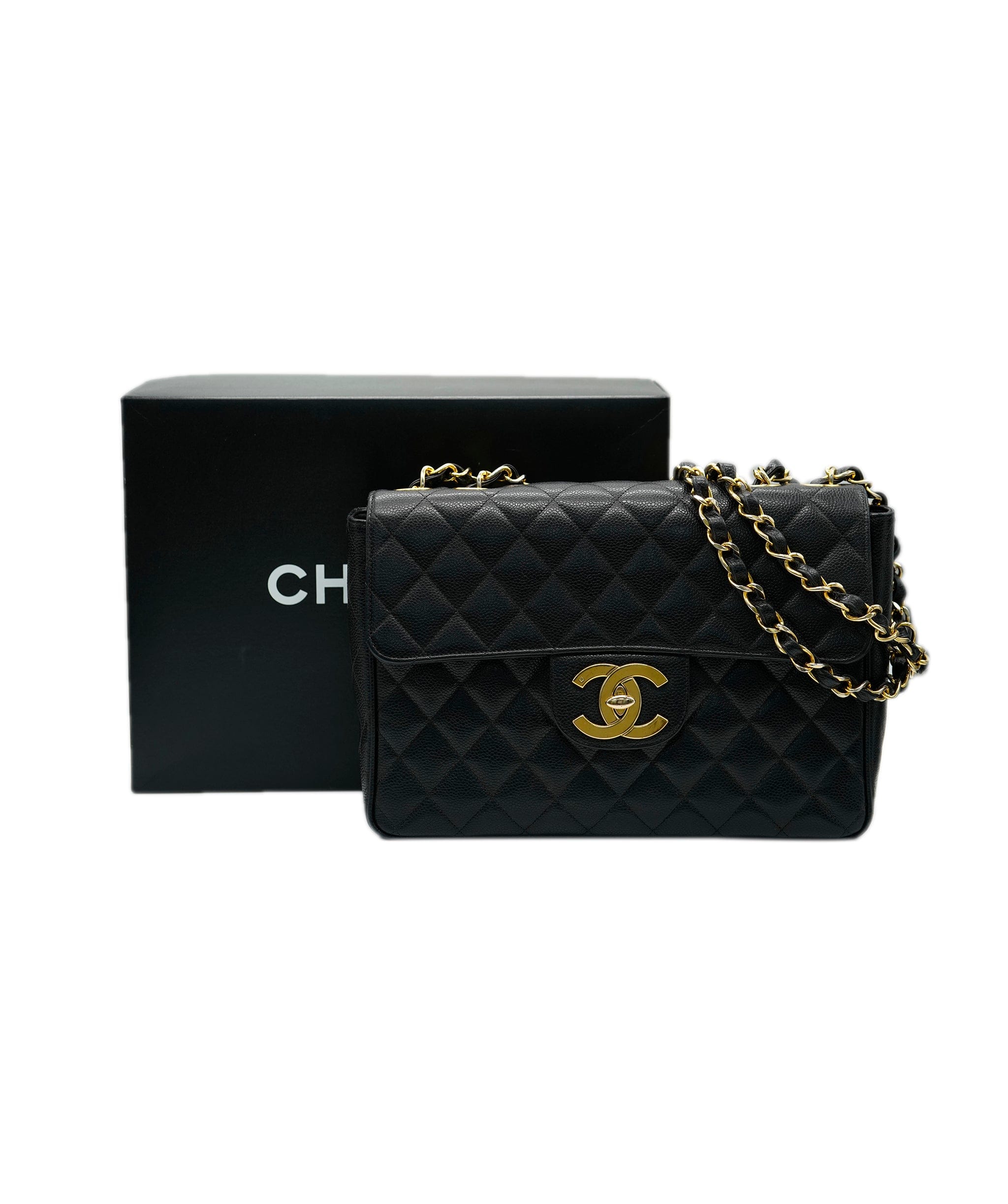 Chanel Chanel Vintage Jumbo Black Caviar Quilted CC Classic Flap AGC1477