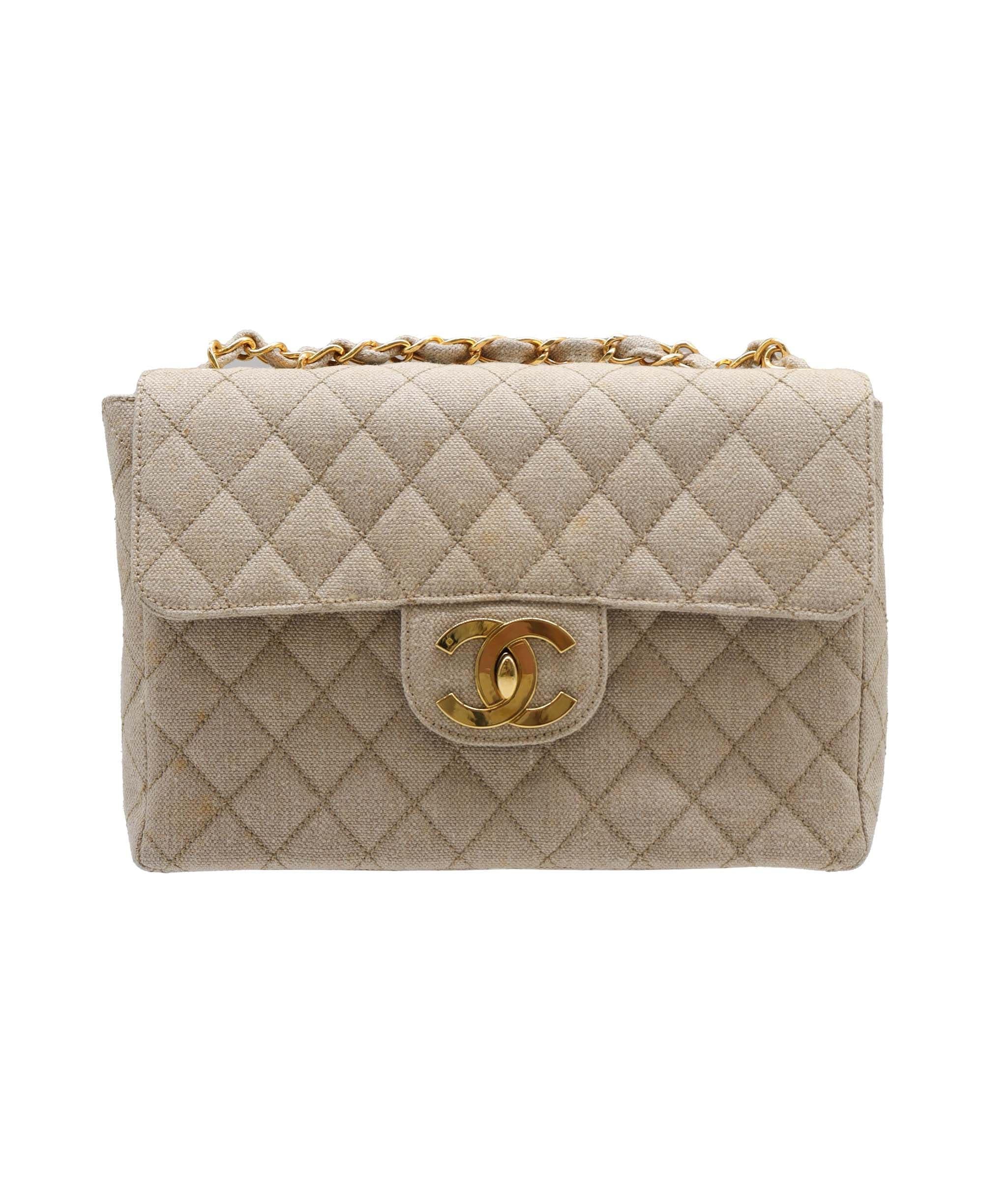 Chanel CHANEL VINTAGE JUMBO MATELASSE 30 CHAIN SHOULDER BAG BEIGE CANVAS DXBS2216