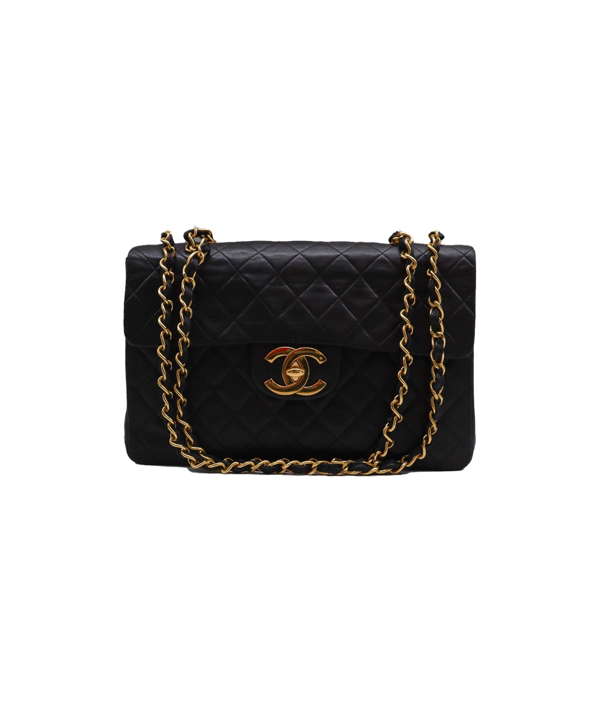 Chanel CHANEL VINTAGE MAXI MATELASSE 34 CHAIN SHOULDER BAG BLACK LAMB SKIN 90235964