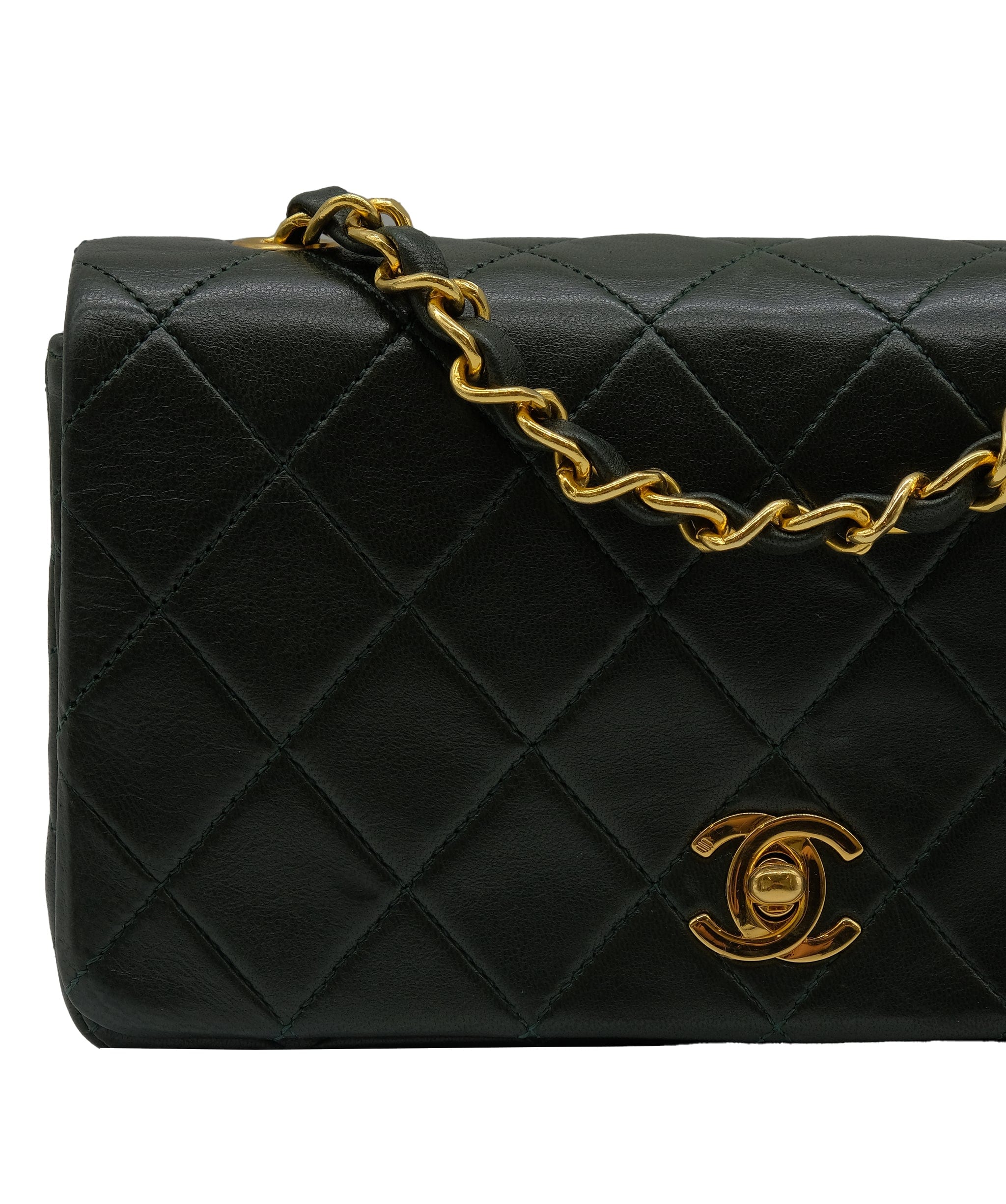 Chanel CHANEL VINTAGE MINI FULL FLAP CHAIN SHOULDER BAG GREEN LAMB SKIN DXBS0079