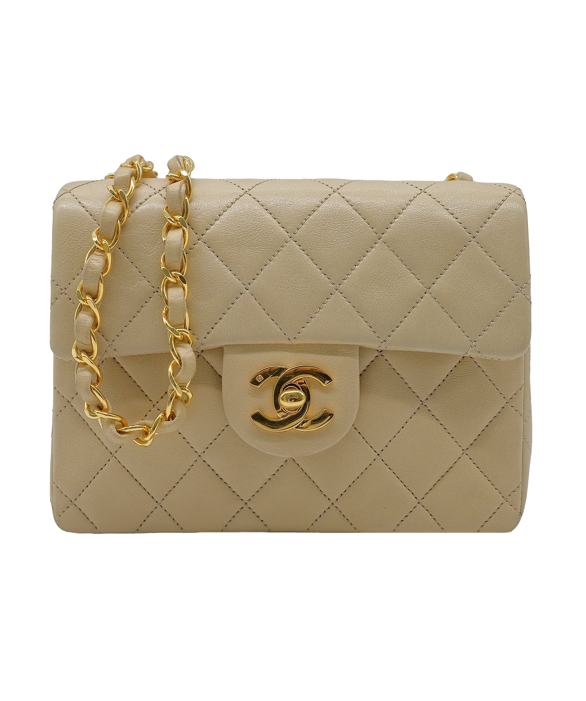 Chanel CHANEL VINTAGE MINI SQUARE 17 CHAIN SHOULDER BAG BEIGE LAMB SKIN 90221590 ASL10323