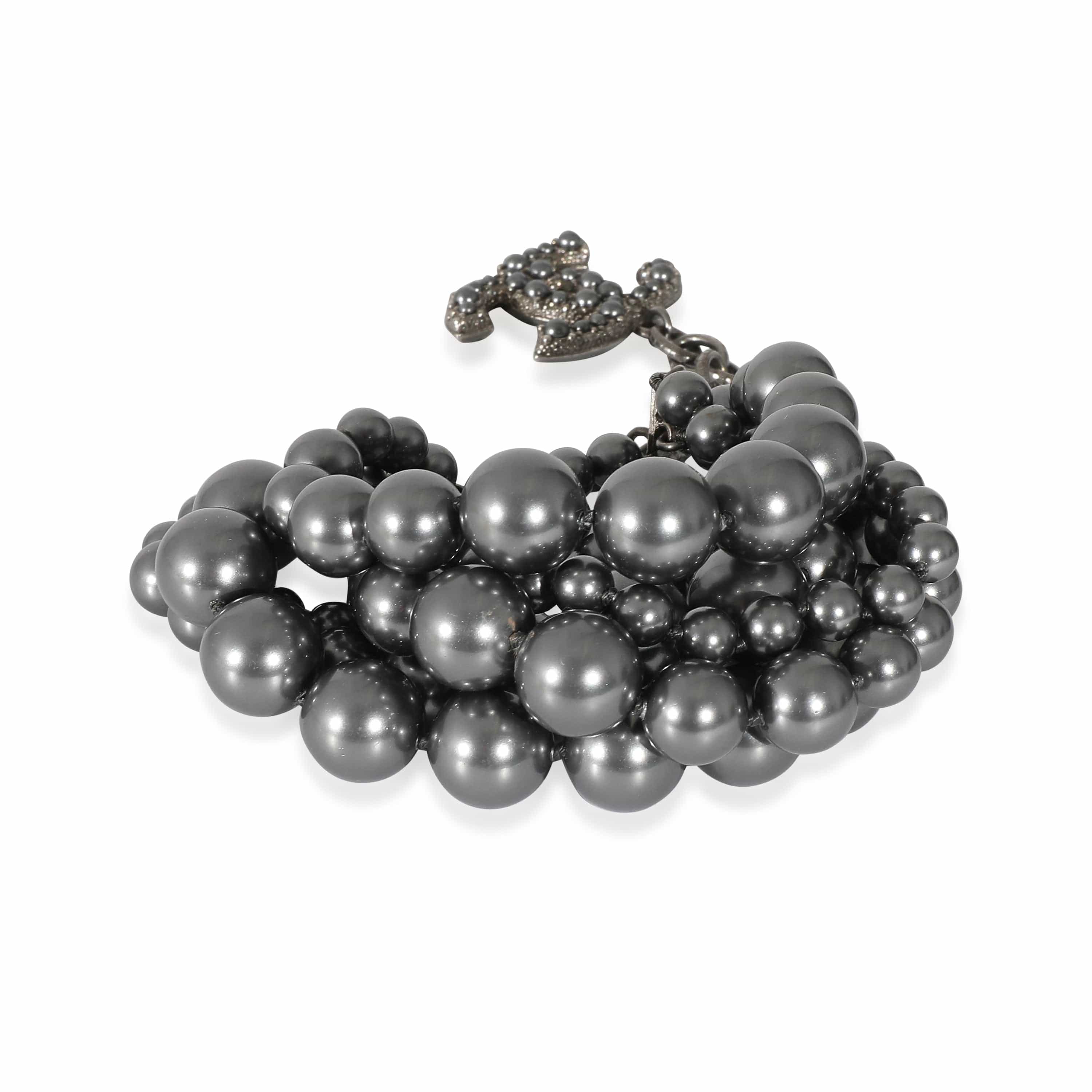 Chanel Chanel 2014 Grey Faux Pearl Multi Strand Bracelet With CC Charm in Ruthenium