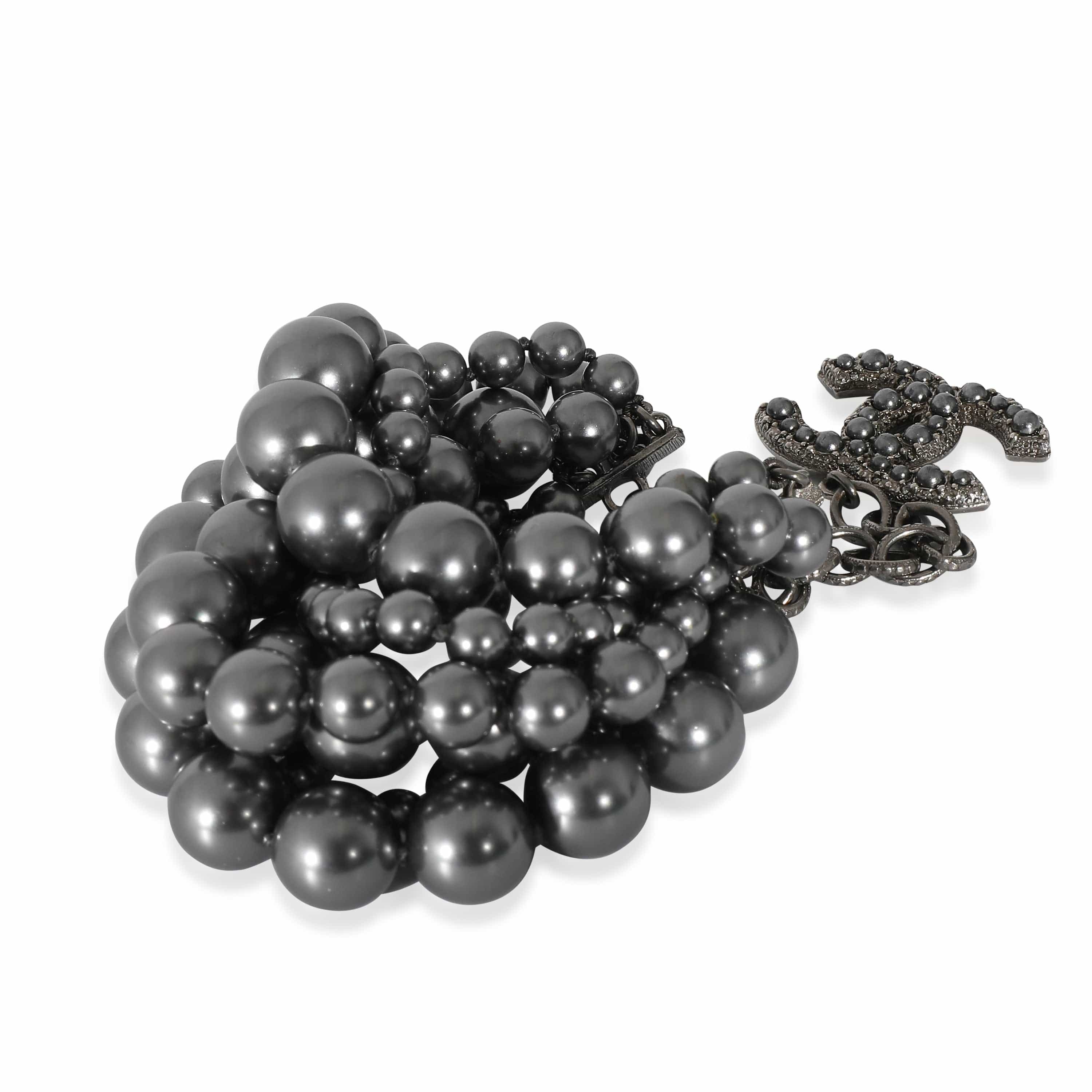 Chanel Chanel 2014 Grey Faux Pearl Multi Strand Bracelet With CC Charm in Ruthenium