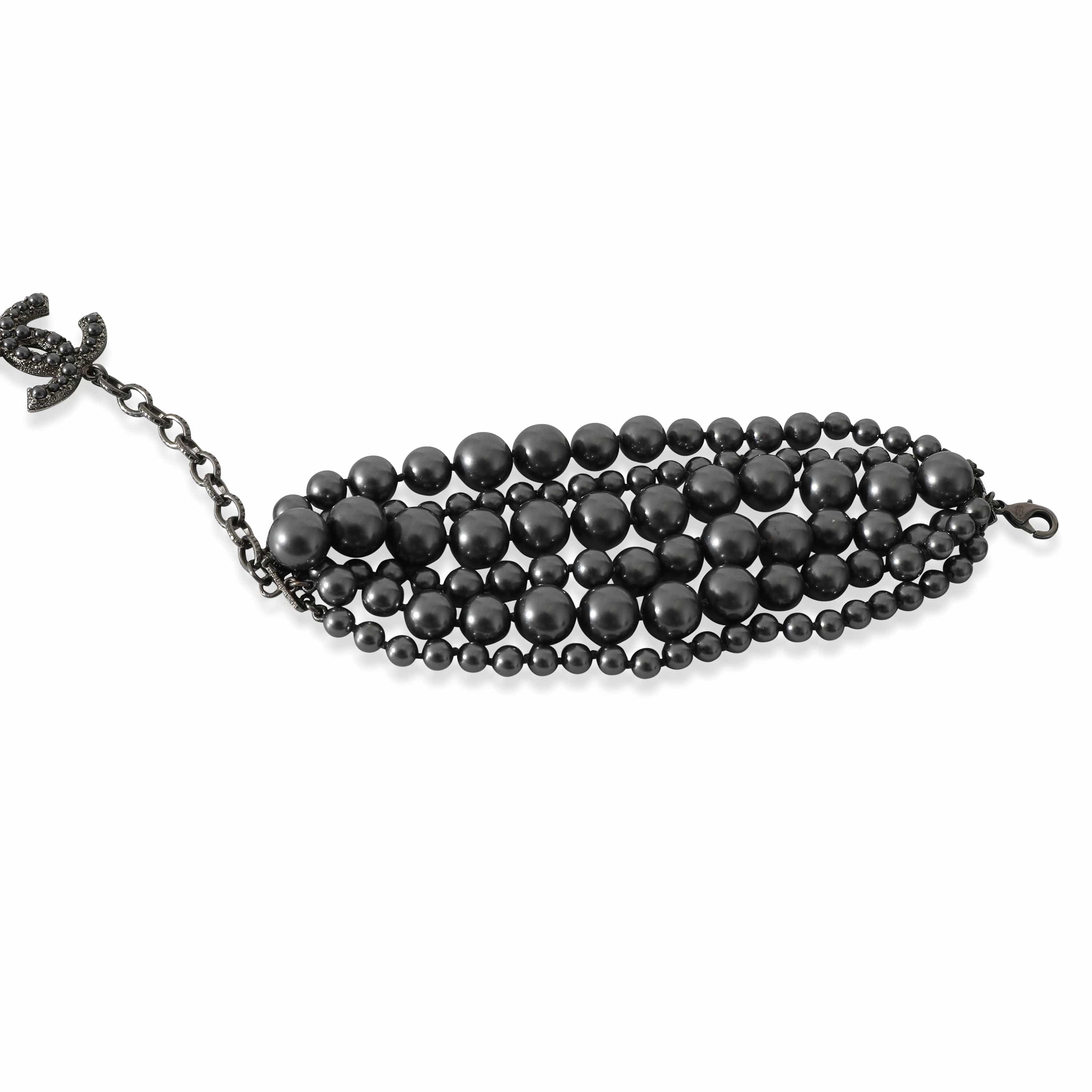 Chanel Chanel 2014 Grey Faux Pearl Multi Strand Bracelet With CC Charm in Ruthenium