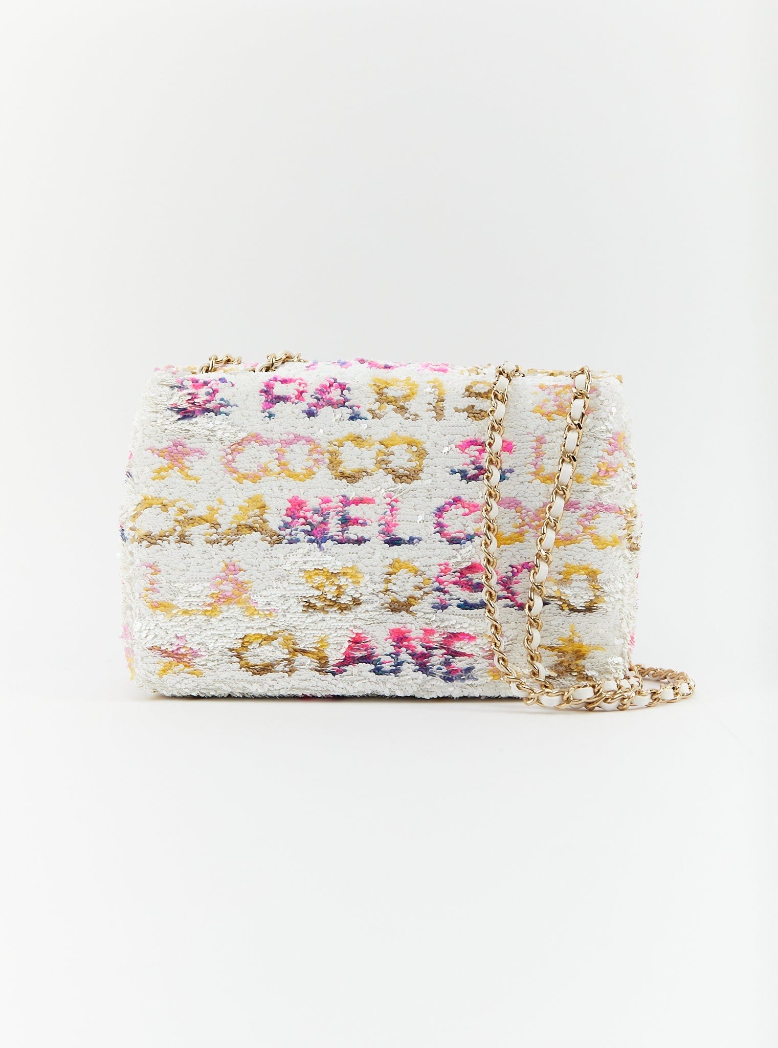 Chanel CHANEL MINI RECTANGLE DISCO FLAP BAG WHITE, YELLOW & PINK Sequins & Calfskin with Gold-Tone Hardware