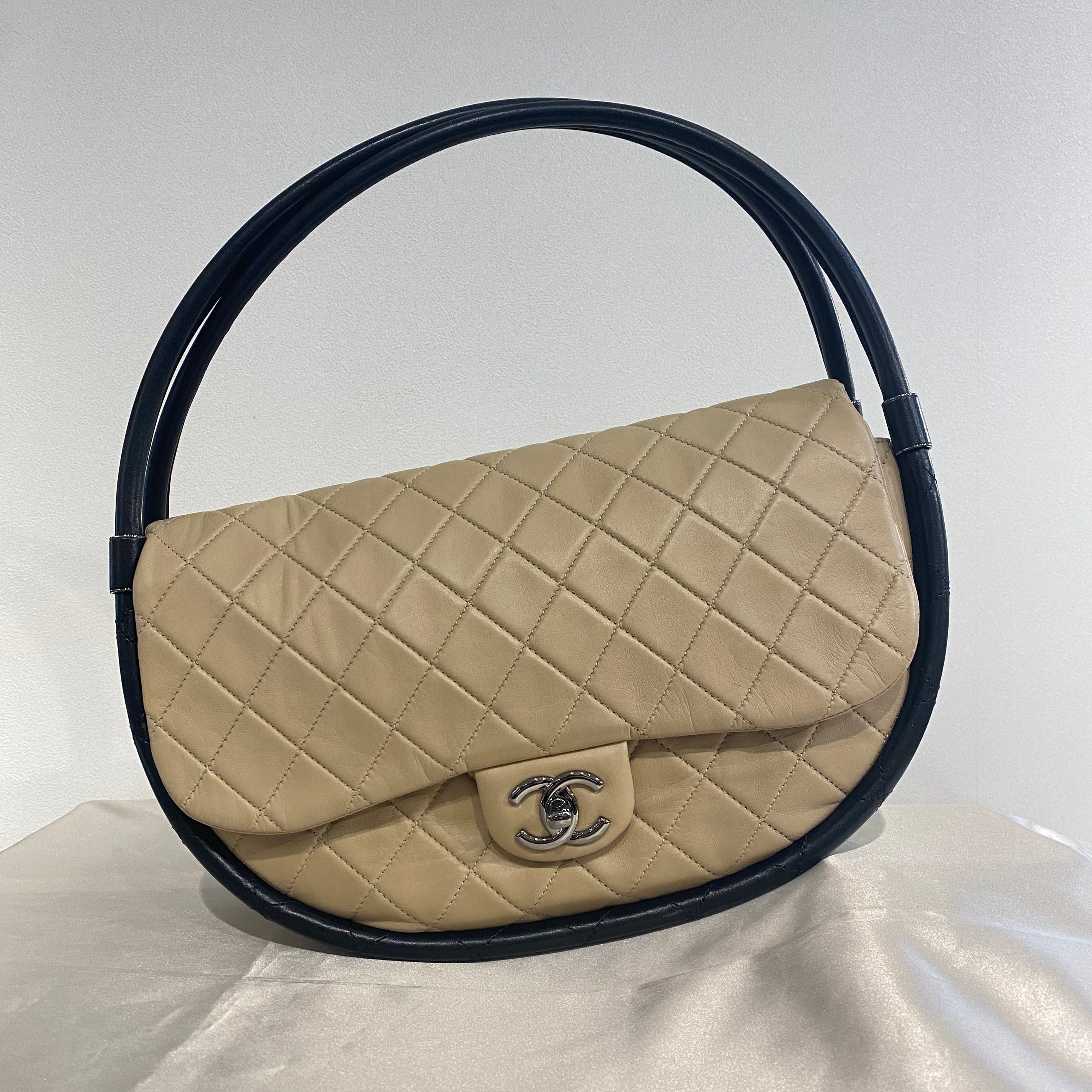 Chanel CHANEL HULA HOOP CROSS HAND BAG BEIGE BLACK LAMB SKIN