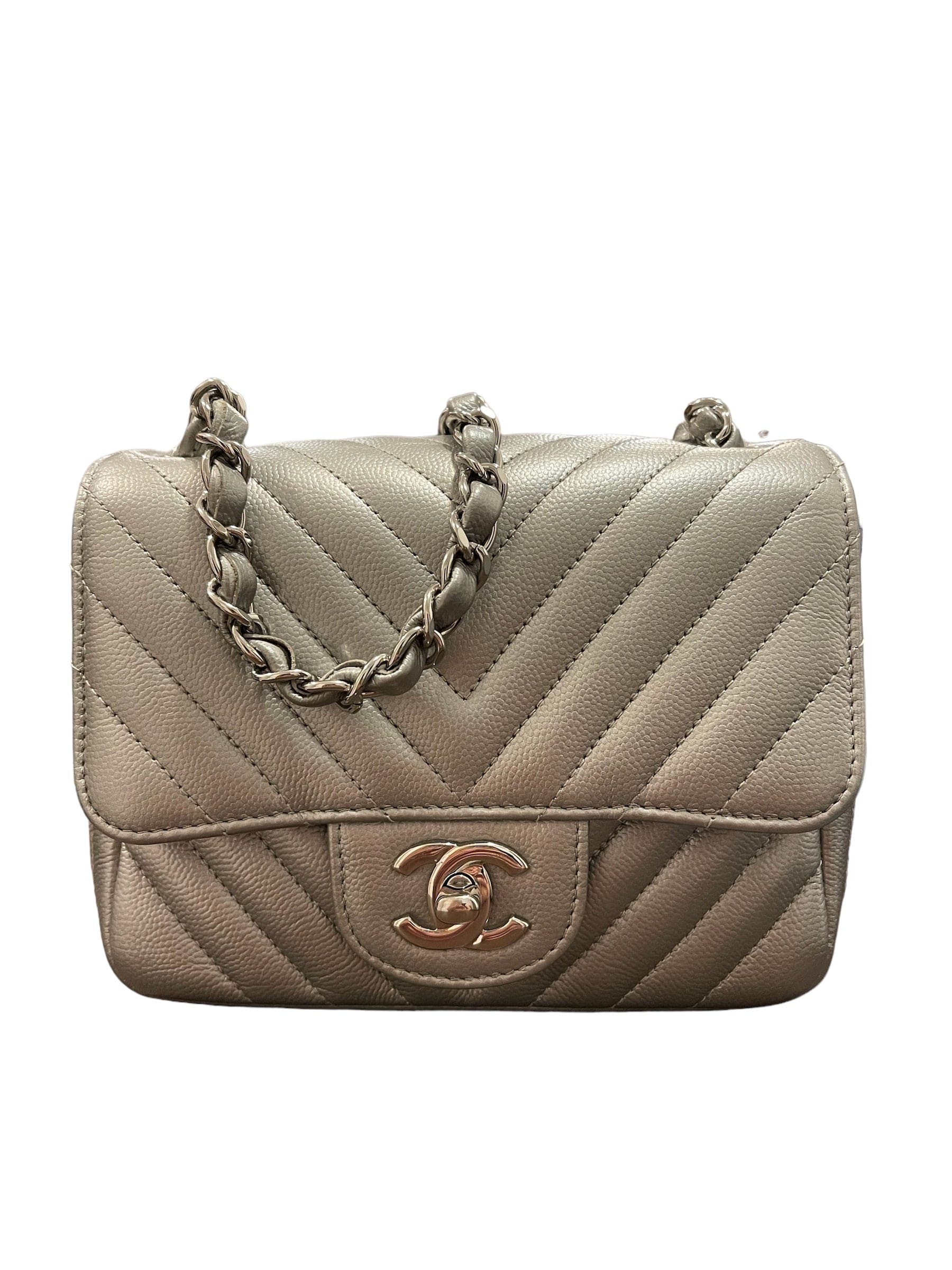 Chanel Chanel Mini Square Chevron Silver Caviar SHW #22