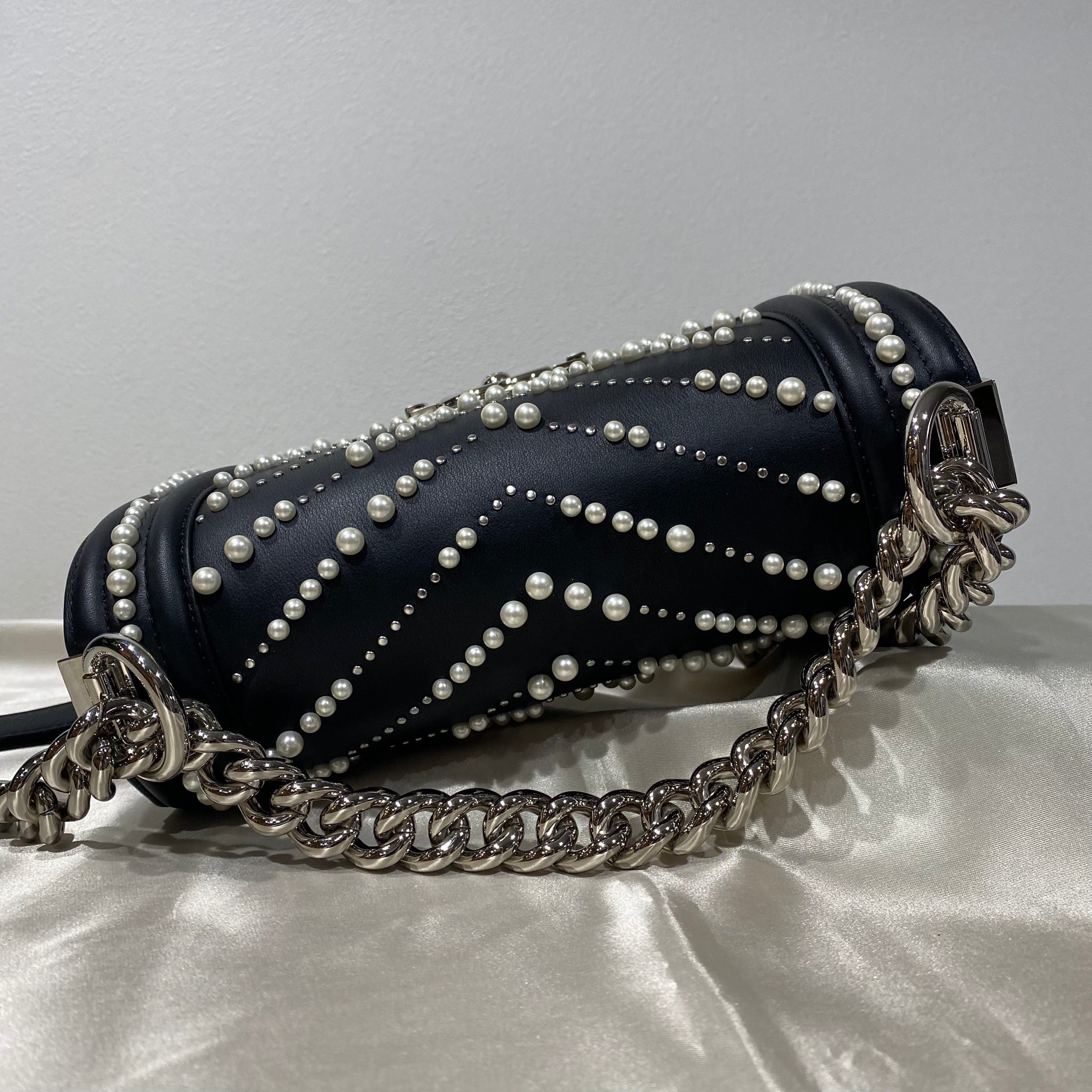 Chanel CHANEL PEARL BOYCHANEL SMALL CHAIN SHOULDER BAG BLACK LEATHER 90208965