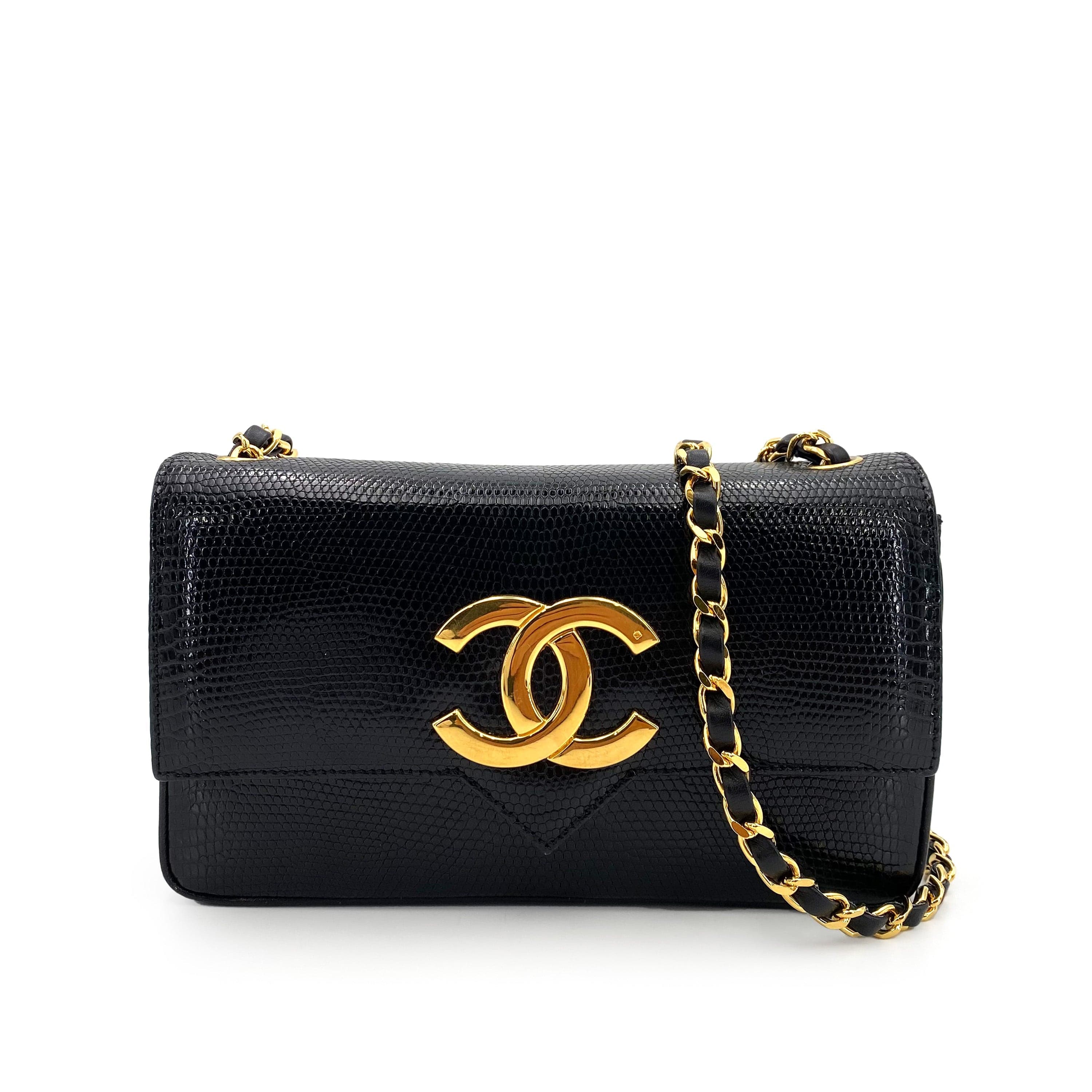 Chanel CHANEL VINTAGE BIG COCO CHAIN SHOULDER BAG BLACK LIZARD 90243228