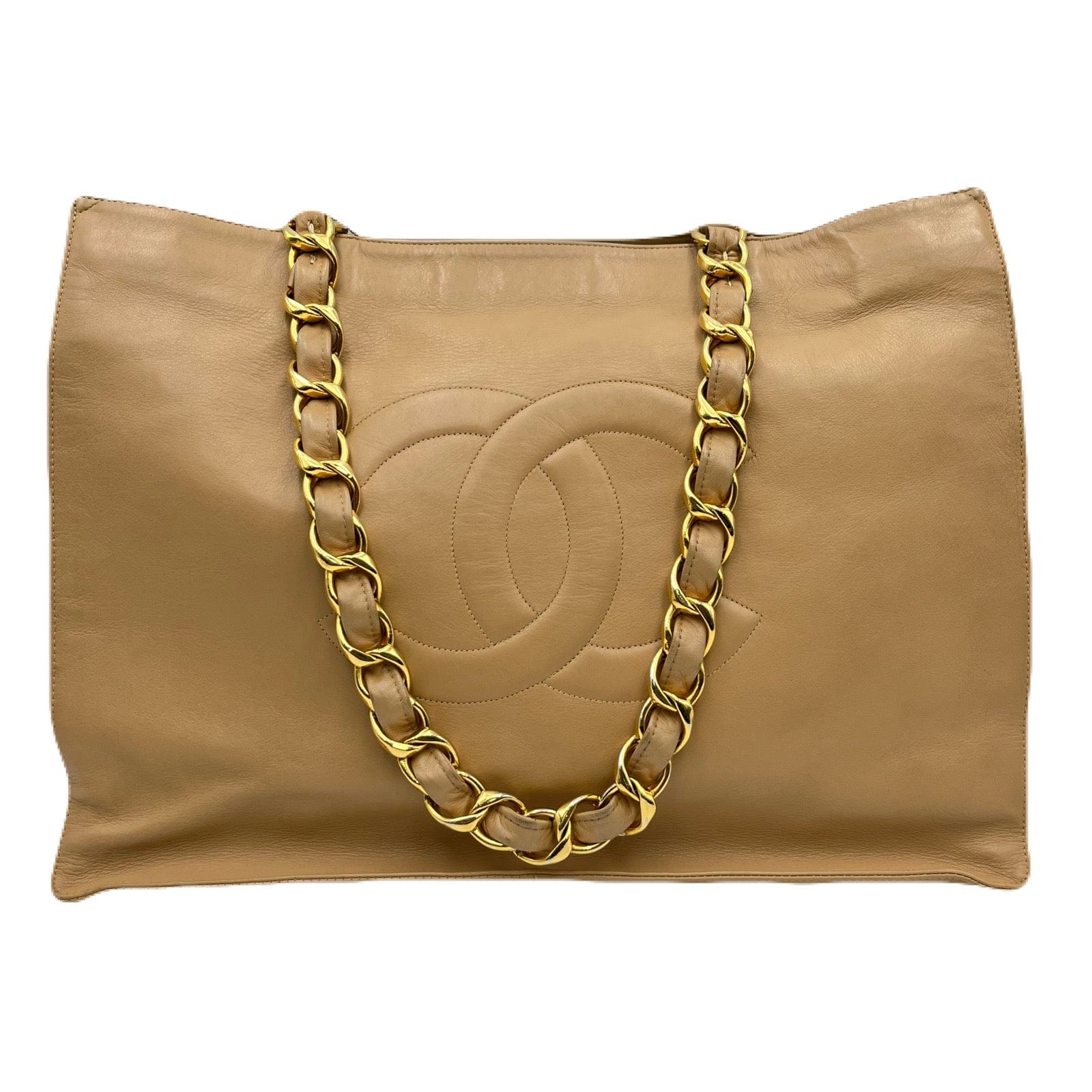 Chanel CHANEL VINTAGE BIG COCO CHAIN TOTE BAG BEIGE LAMB SKIN 90198182