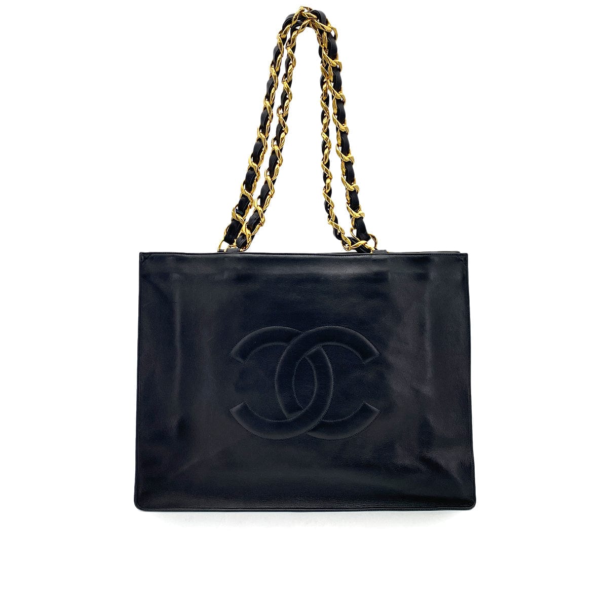 chanel CHANEL VINTAGE BIG COCO CHAIN TOTE BAG BLACK LAMB SKIN 90255712