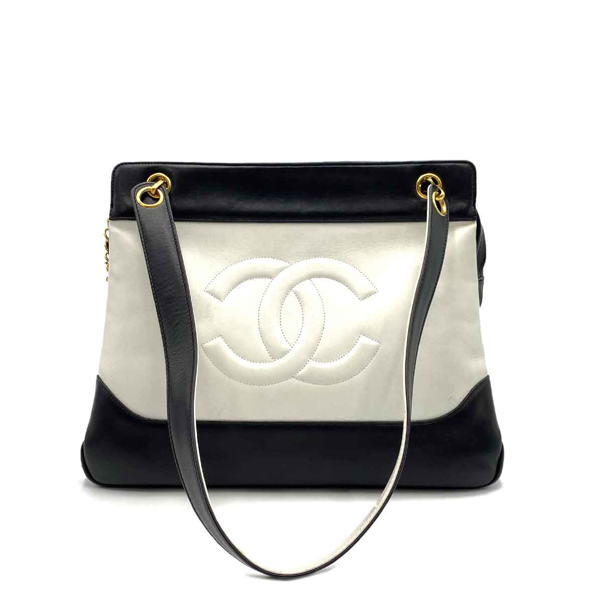 Chanel CHANEL VINTAGE BIG COCO CHAIN TOTE BAG BLACK WHITE LAMB SKIN 90235968