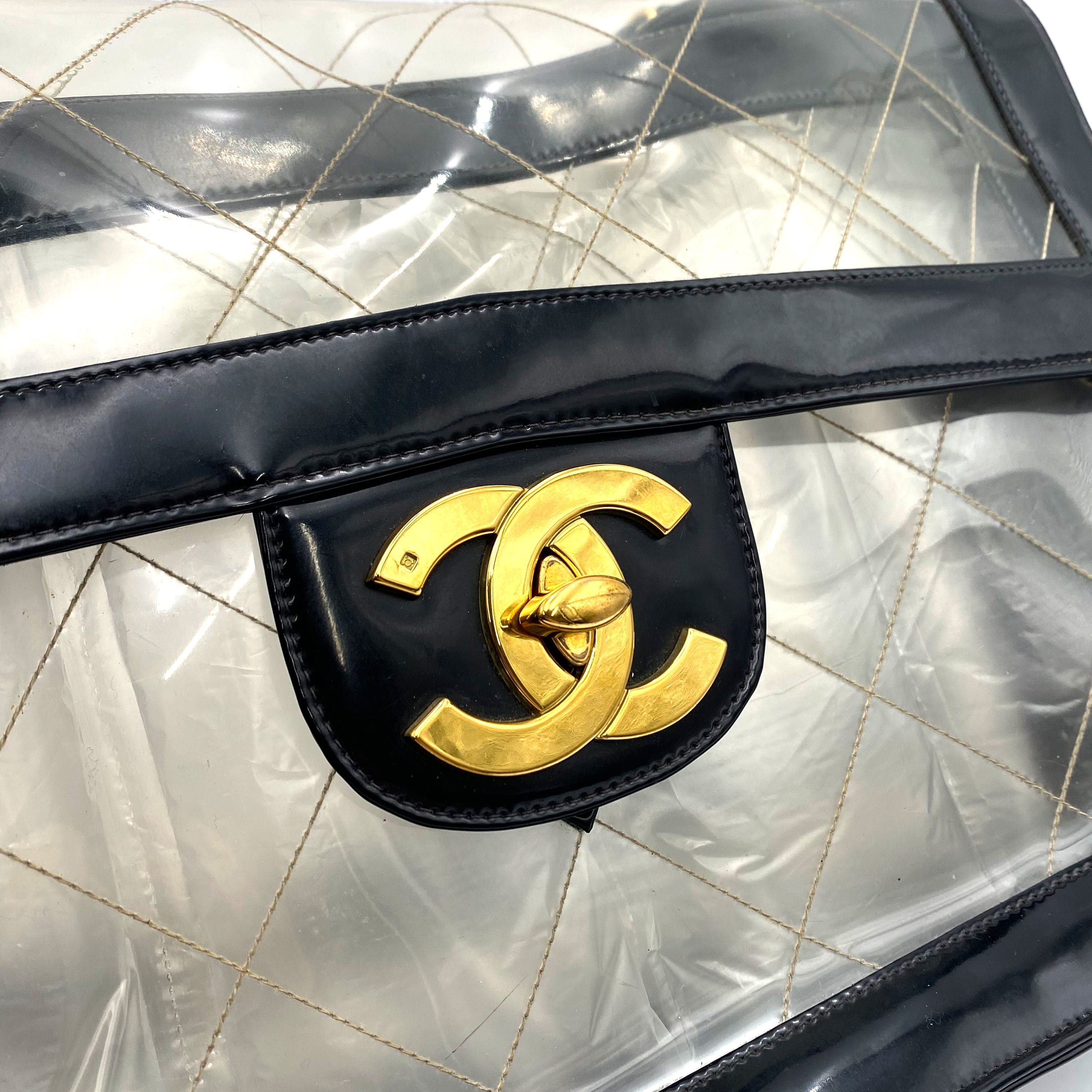 Chanel CHANEL VINTAGE BIG COCO CLEAR CHAIN SHOULDER BAG BLACK VINYL LEATHER 90233179