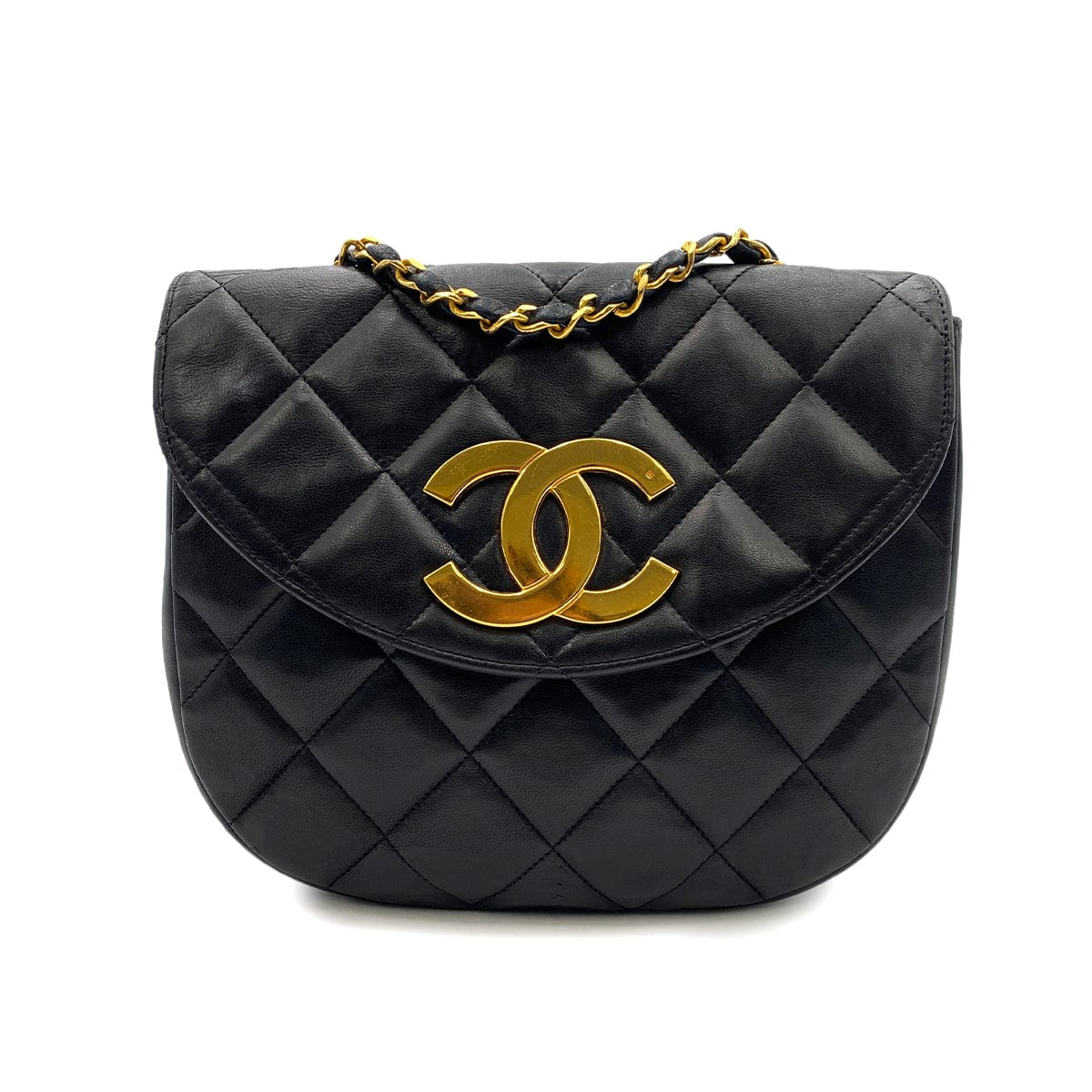 CHANEL CHANEL VINTAGE BIG COCO HALF MOON CHAIN SHOULDER BAG BLACK LAMB SKIN 90238026