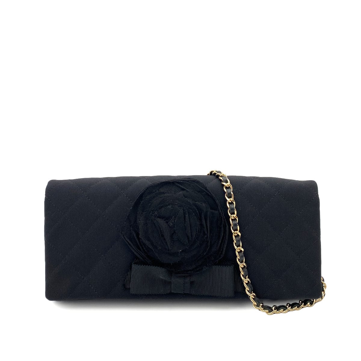 chanel CHANEL VINTAGE CAMELLIA FLOWER CHAIN SHOULDER BAG BLACK SATIN 90247103