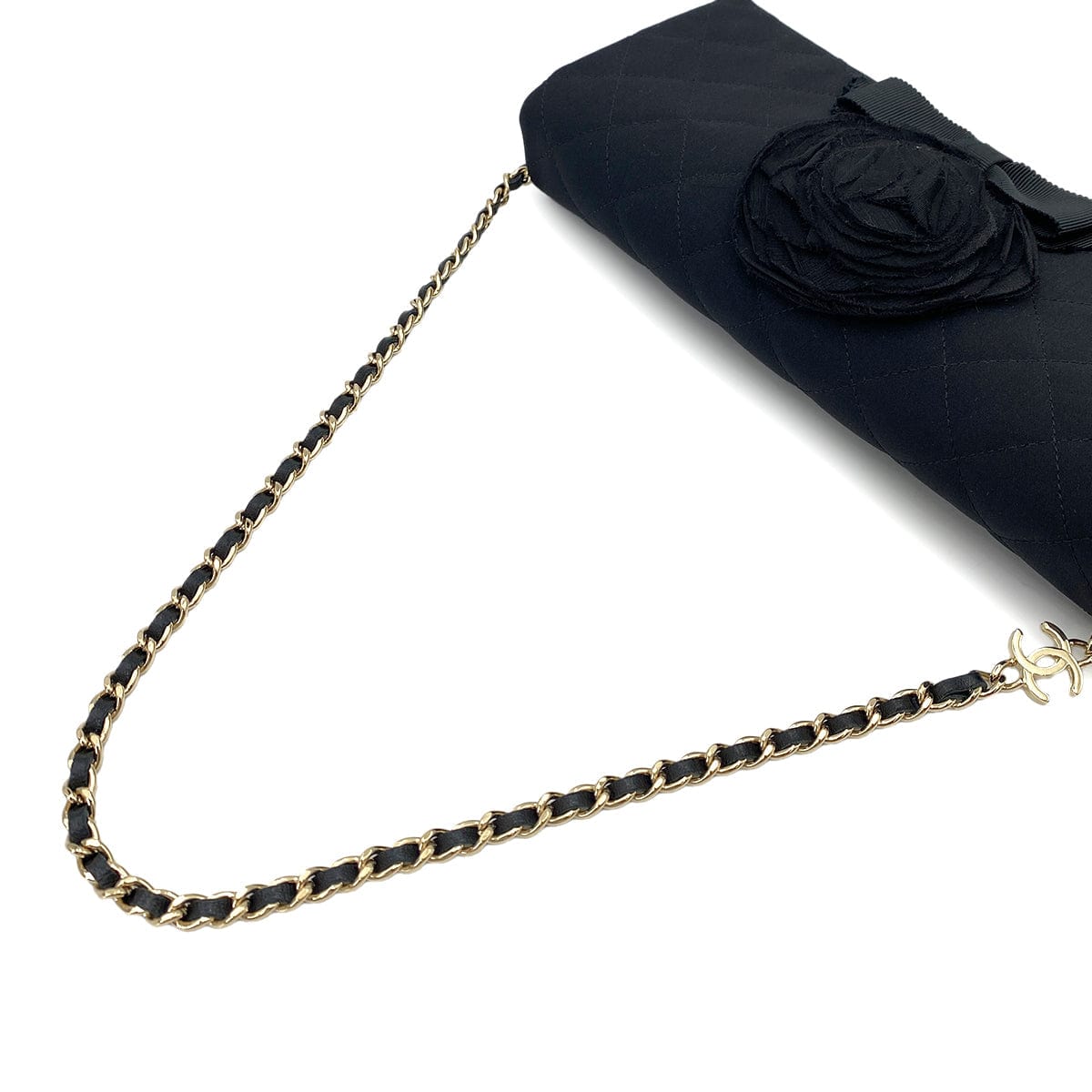 chanel CHANEL VINTAGE CAMELLIA FLOWER CHAIN SHOULDER BAG BLACK SATIN 90247103