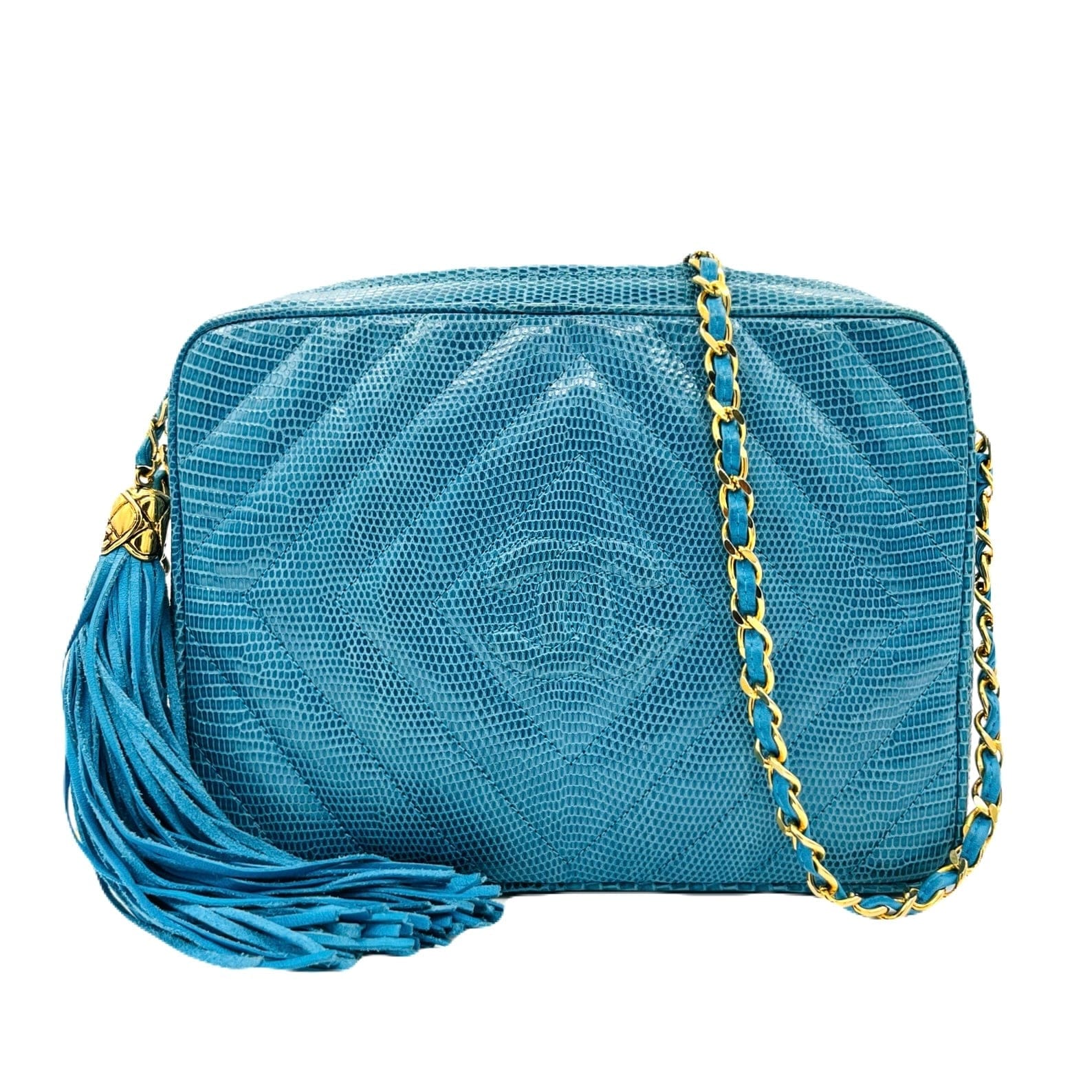 Chanel Chanel Vintage Camera Bag Fringe Diamond Quilt Blue Lizard #1 90224513