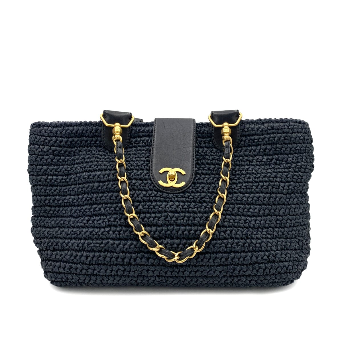 Chanel CHANEL VINTAGE CHAIN TOTE BAG NAVY RAFFIA 90244824