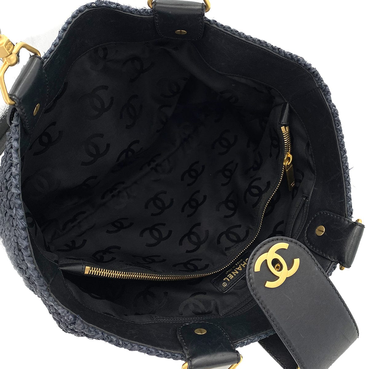 Chanel CHANEL VINTAGE CHAIN TOTE BAG NAVY RAFFIA 90244824