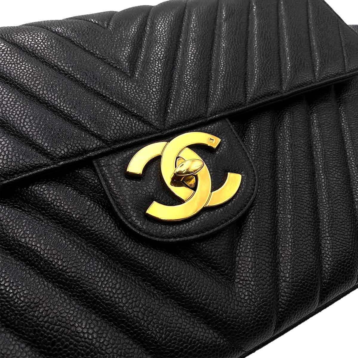 Chanel CHANEL VINTAGE CHEVRON CHAIN SHOULDER BAG BLACK CAVIR SKIN 90229335