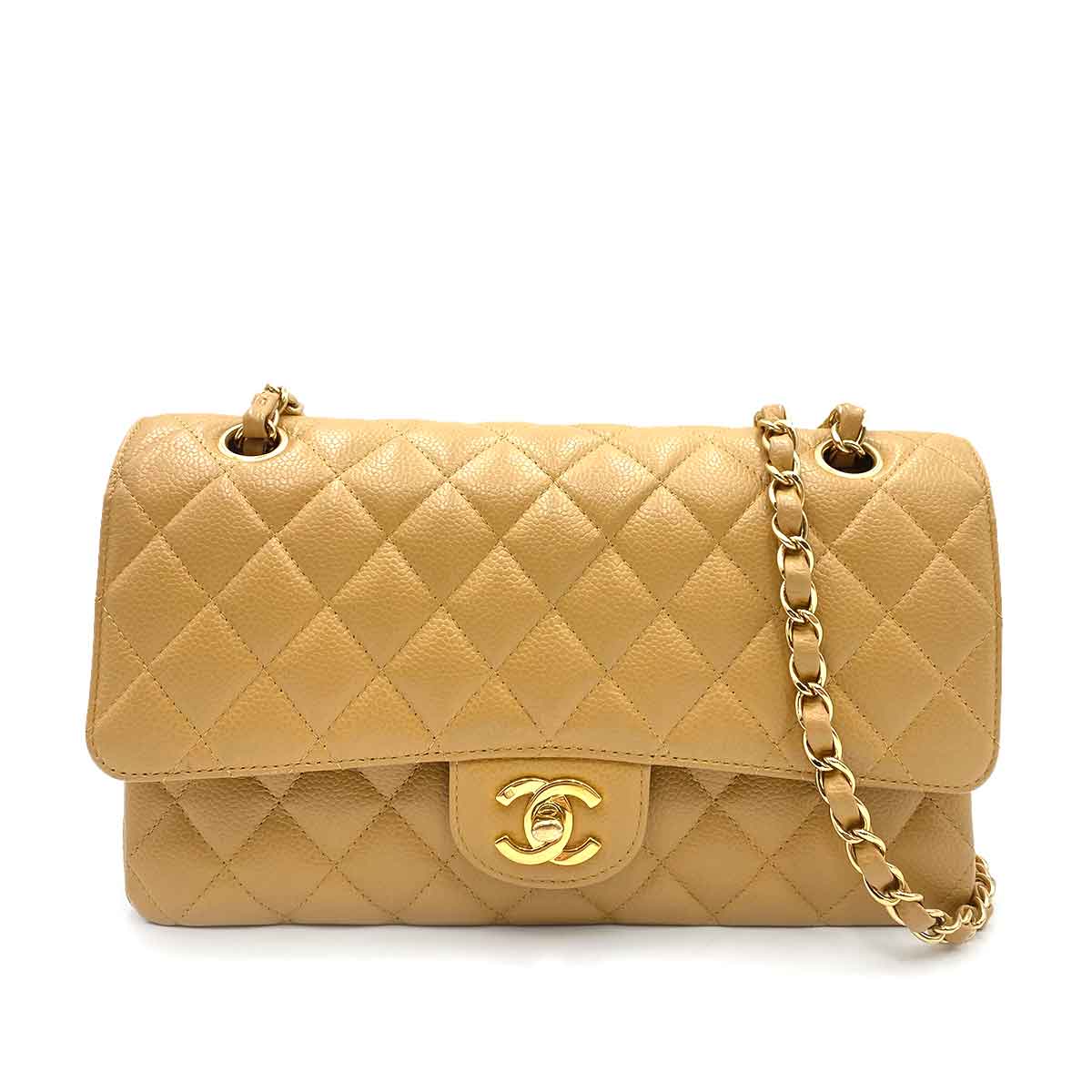 chanel CHANEL VINTAGE CLASSIC FLAP MEDIUM CHAIN SHOULDER BAG BEIGE CAVIAR SKIN 90229353