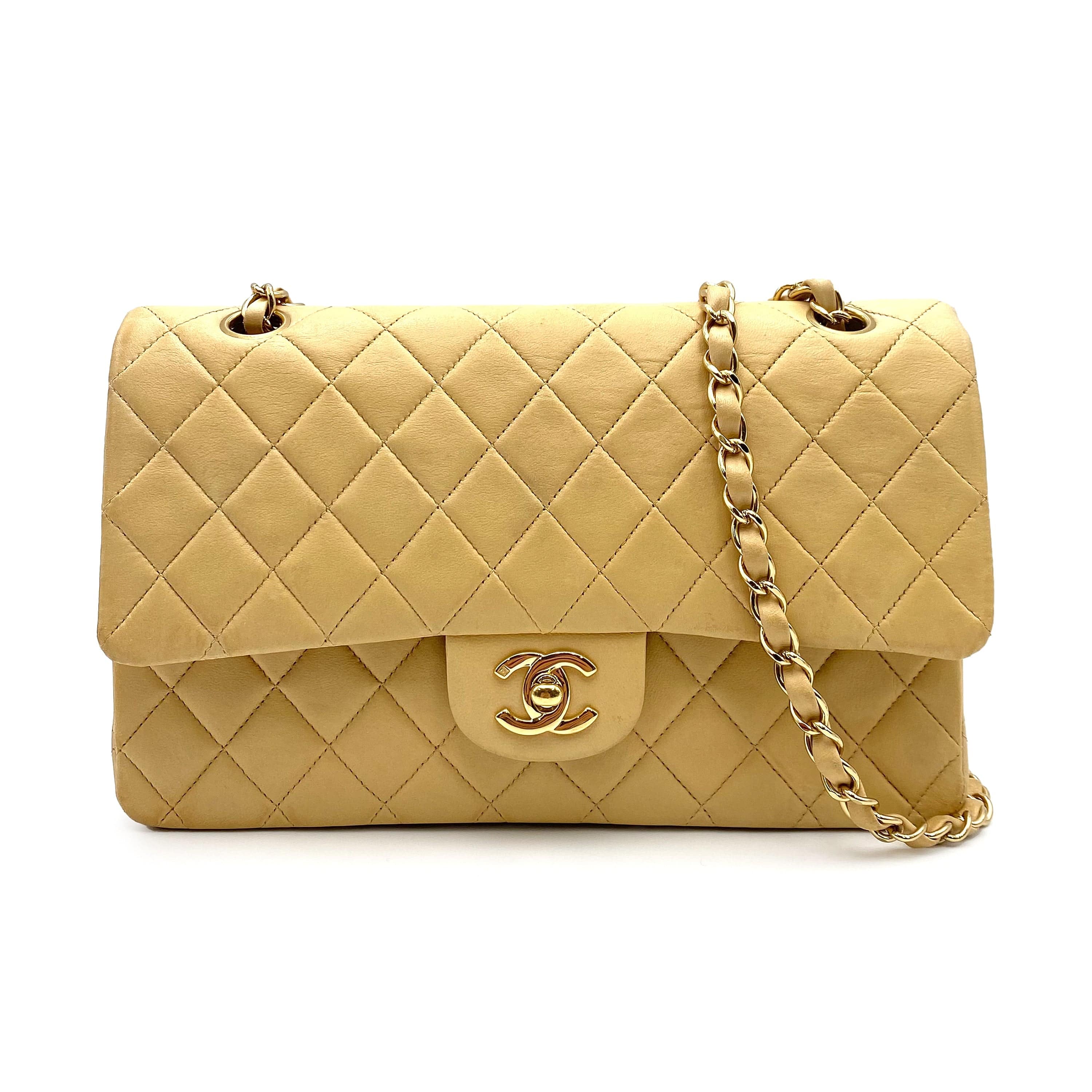 Chanel CHANEL VINTAGE CLASSIC FLAP MEDIUM CHAIN SHOULDER BAG BEIGE LAMB SKIN 90225665