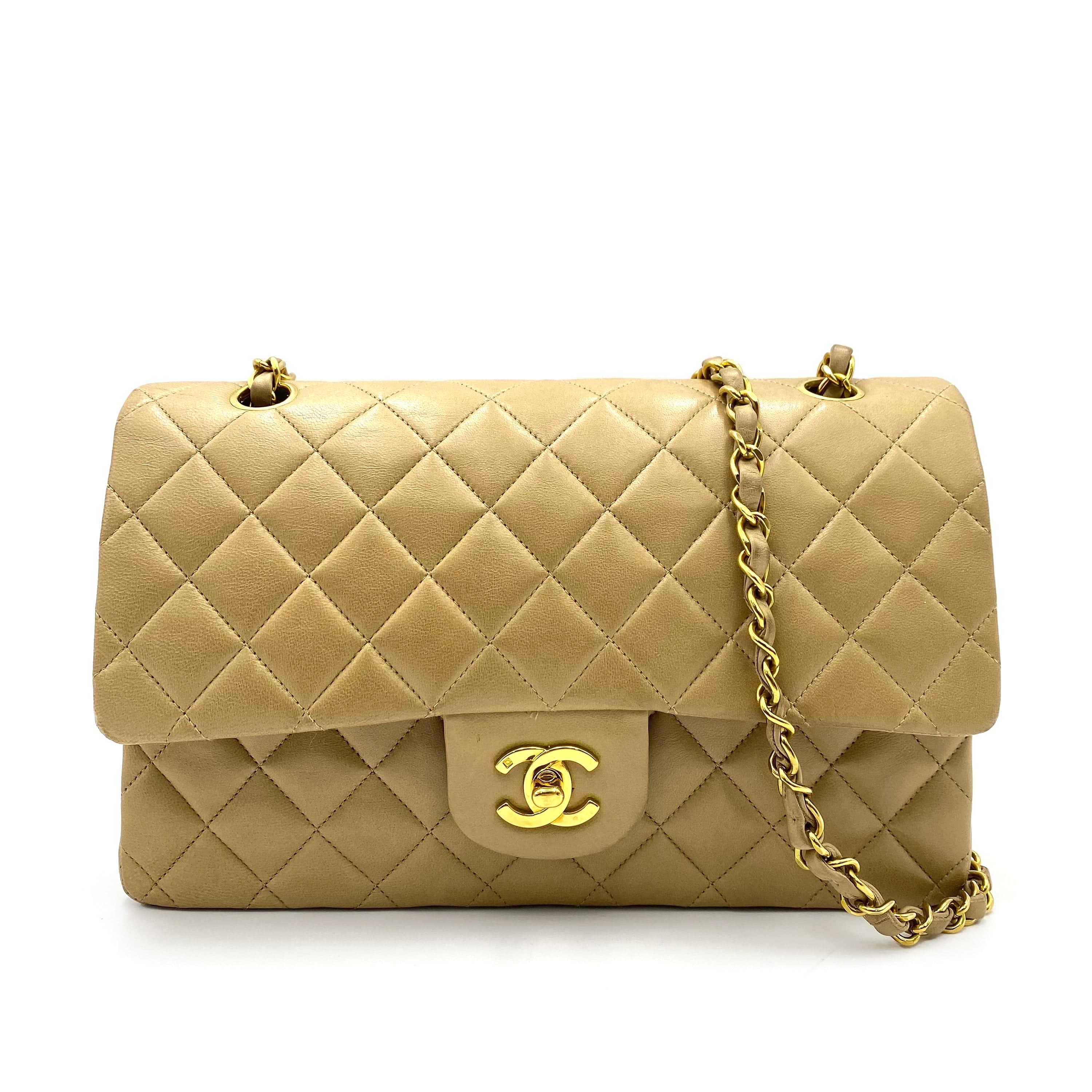 Chanel CHANEL VINTAGE CLASSIC FLAP MEDIUM CHAIN SHOULDER BAG BEIGE LAMB SKIN 90236873