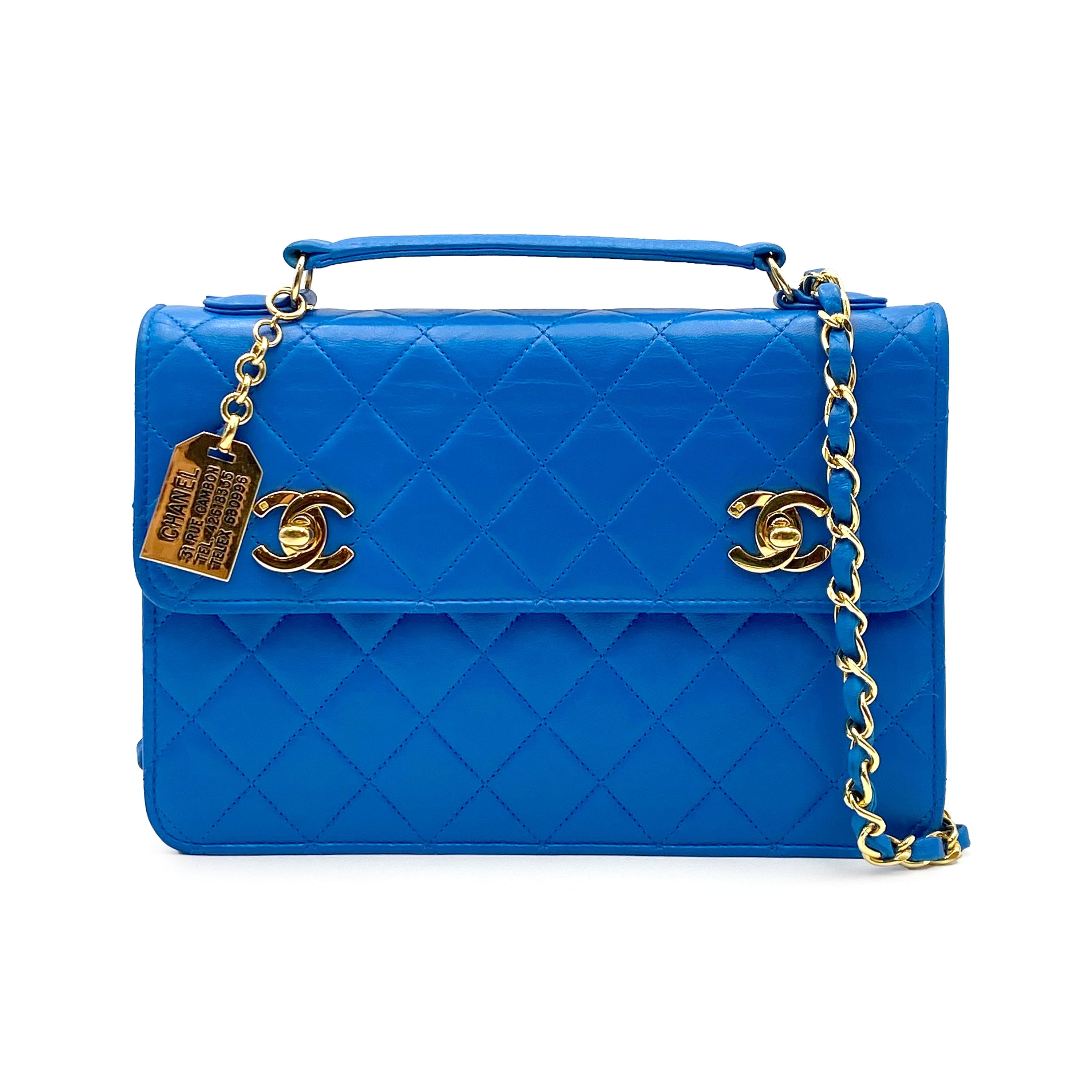 Chanel CHANEL VINTAGE DOUBLE TURN LOCK CHAIN SHOULDER BAG BLUE LAMB SKIN 90227451