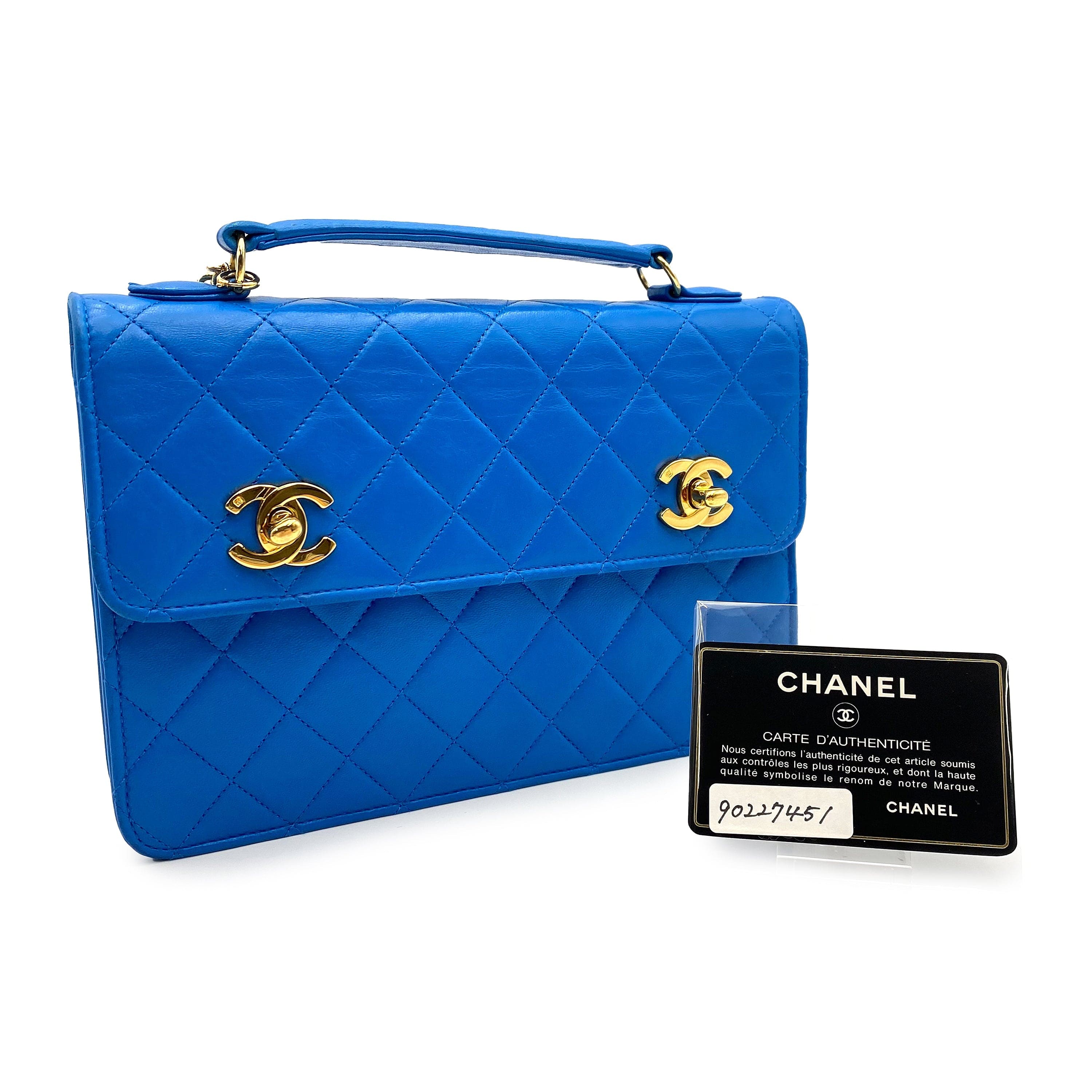 Chanel CHANEL VINTAGE DOUBLE TURN LOCK CHAIN SHOULDER BAG BLUE LAMB SKIN 90227451