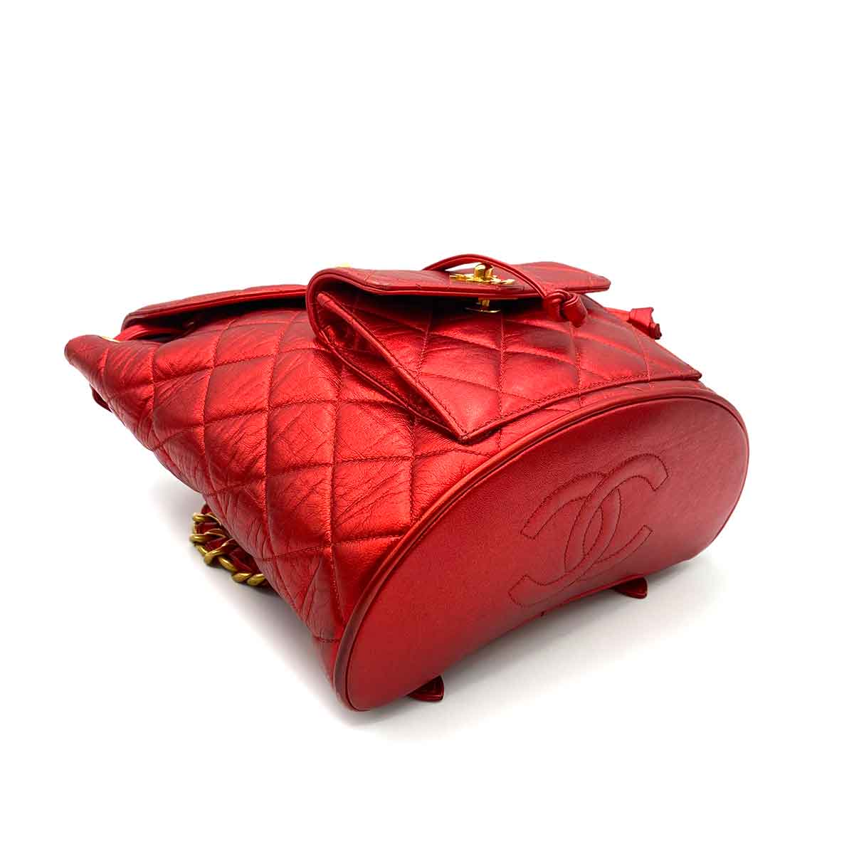 Chanel CHANEL VINTAGE DUMA CHAIN BACKPACK METALLIC RED LAMB SKIN 90233683