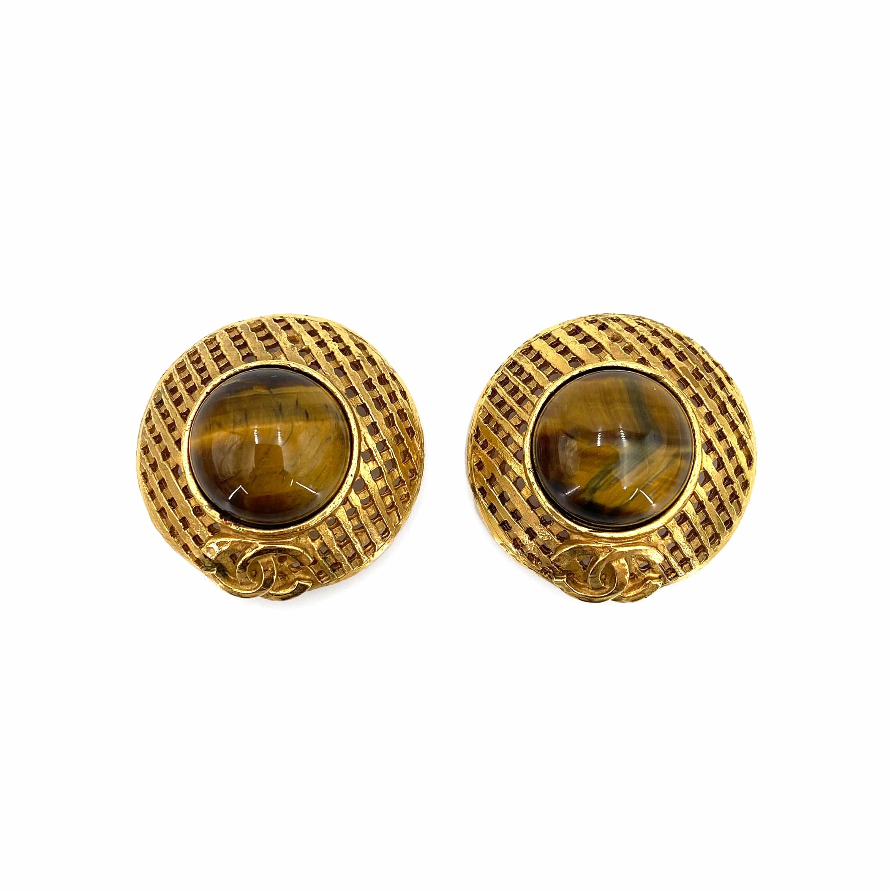 Chanel Chanel Vintage Earrings (Clip-On) Weave CC Tiger Eye 94P 90240938