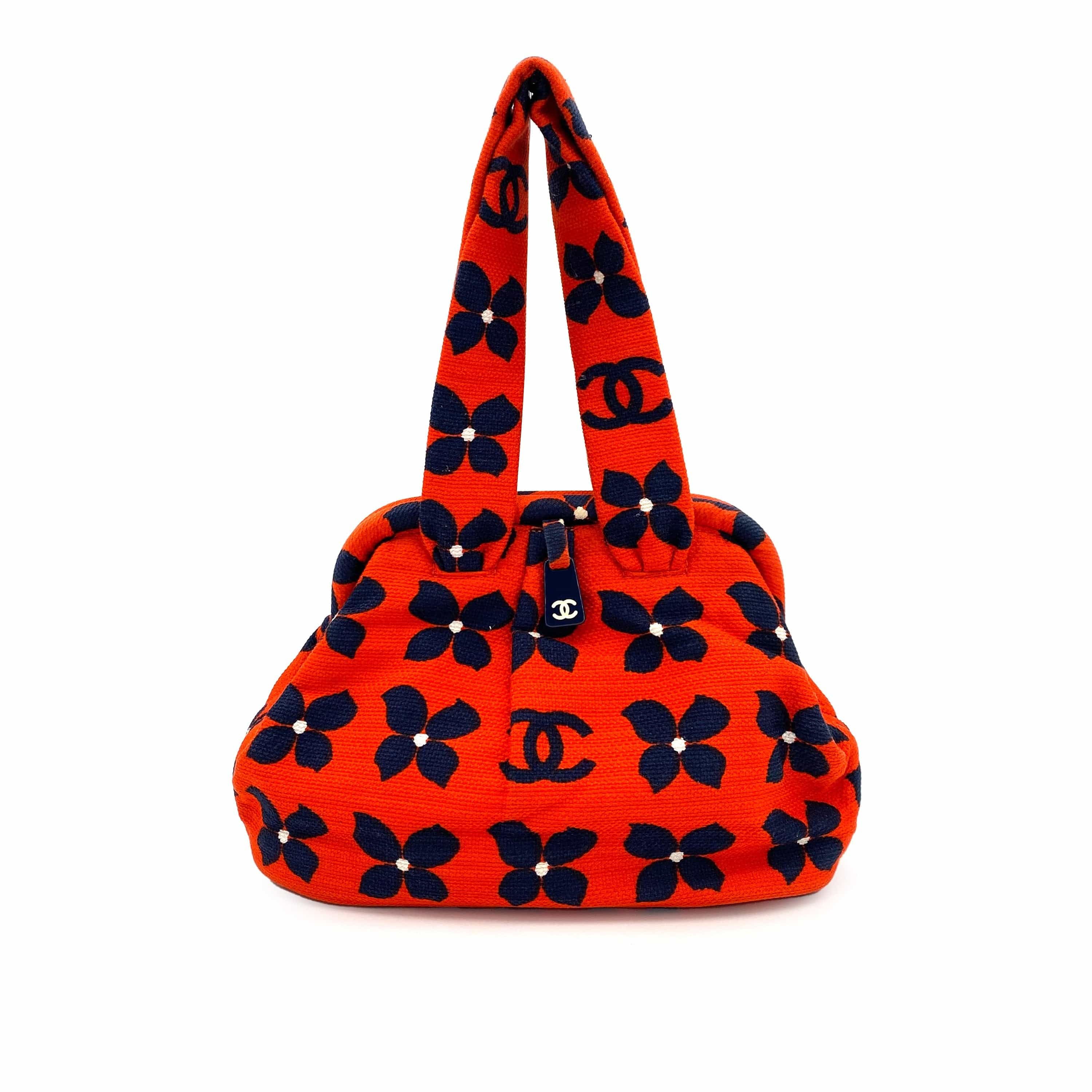 CHANEL CHANEL VINTAGE FLOWER COCOMARK HAND BAG RED NAVY CANVAS 90245786