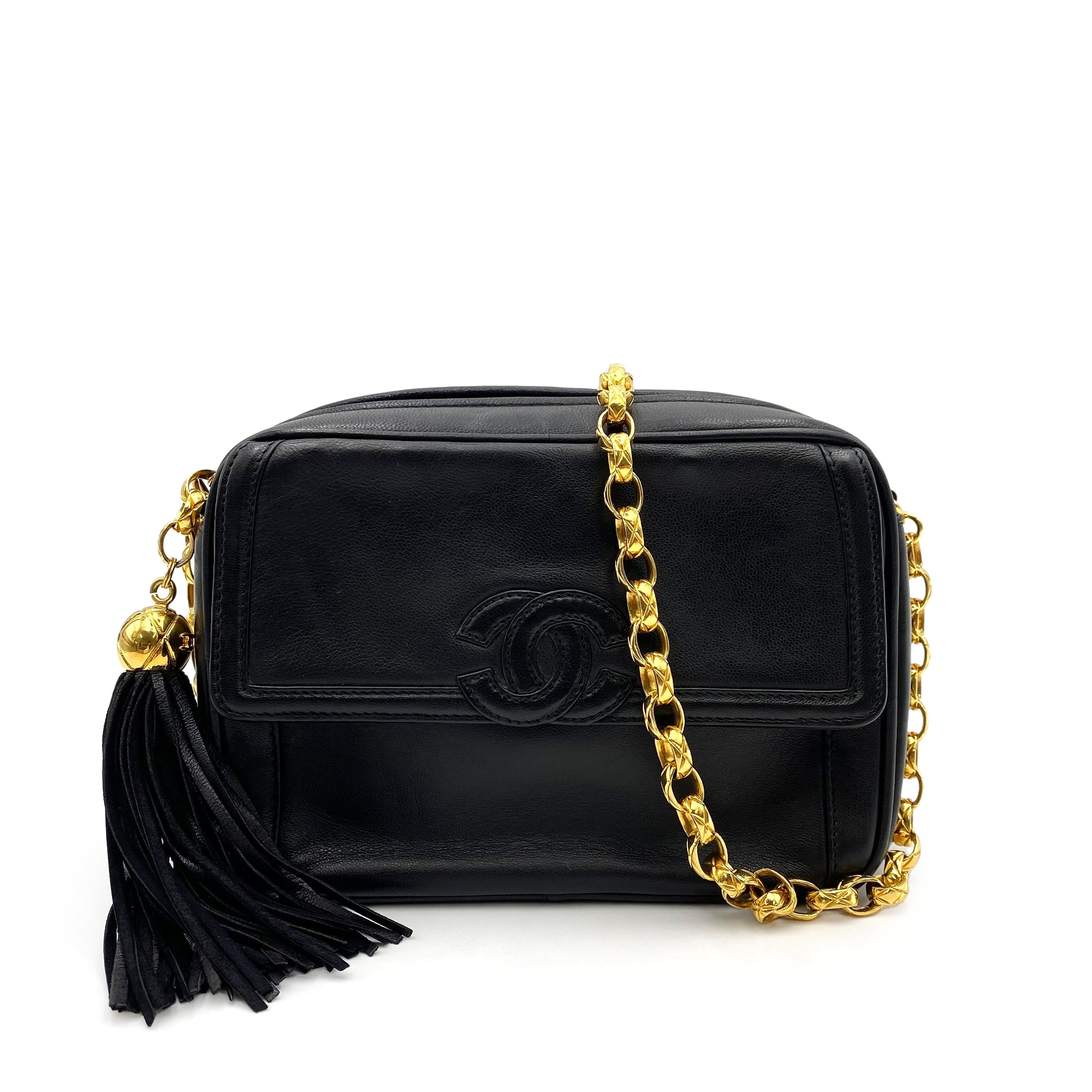 Chanel CHANEL VINTAGE FRINGE BIJOU CHAIN SHOULDER BAG BLACK LAMB SKIN 90235466