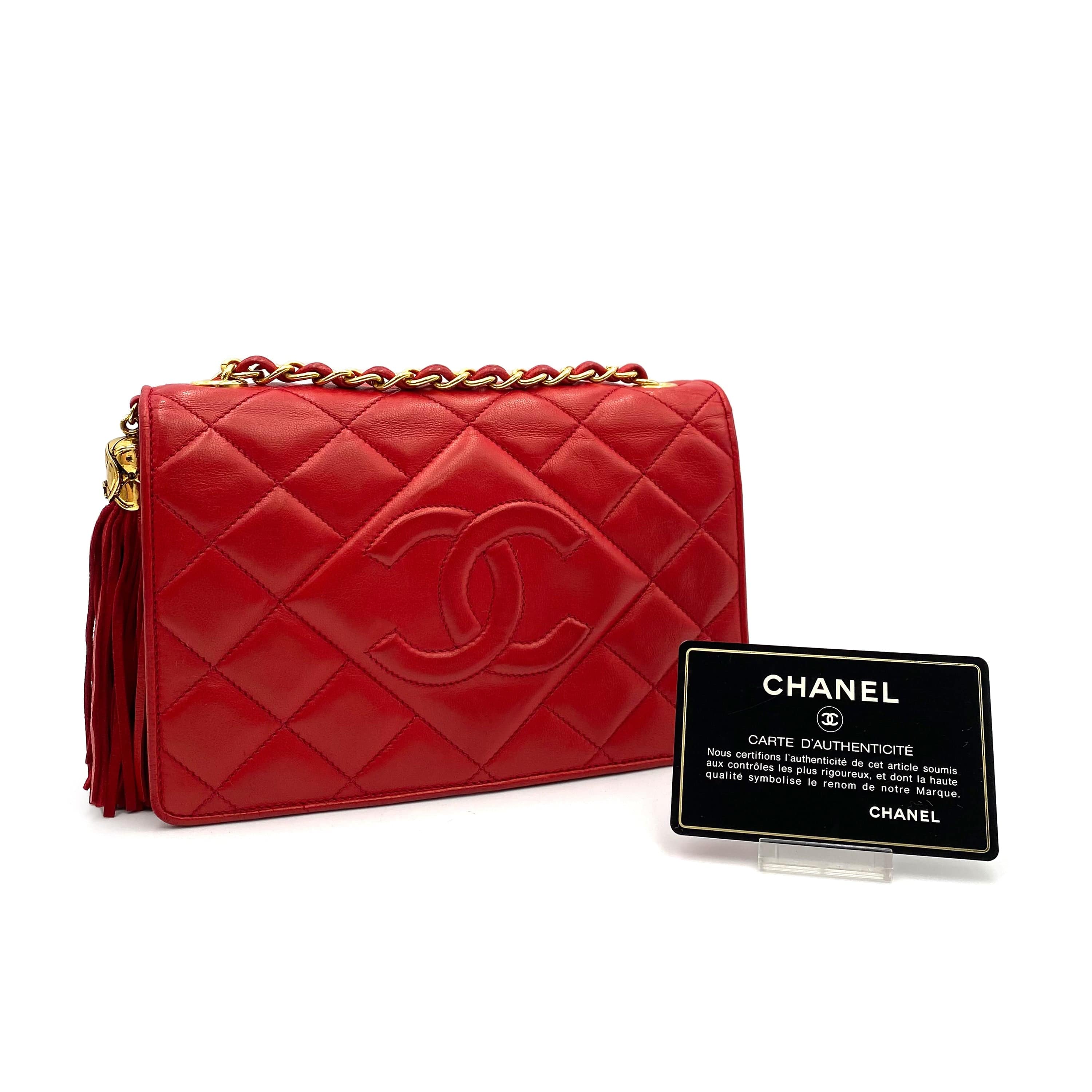 Chanel CHANEL VINTAGE FRINGE CHAIN SHOULDER BAG RED LAMB SKIN 90237402