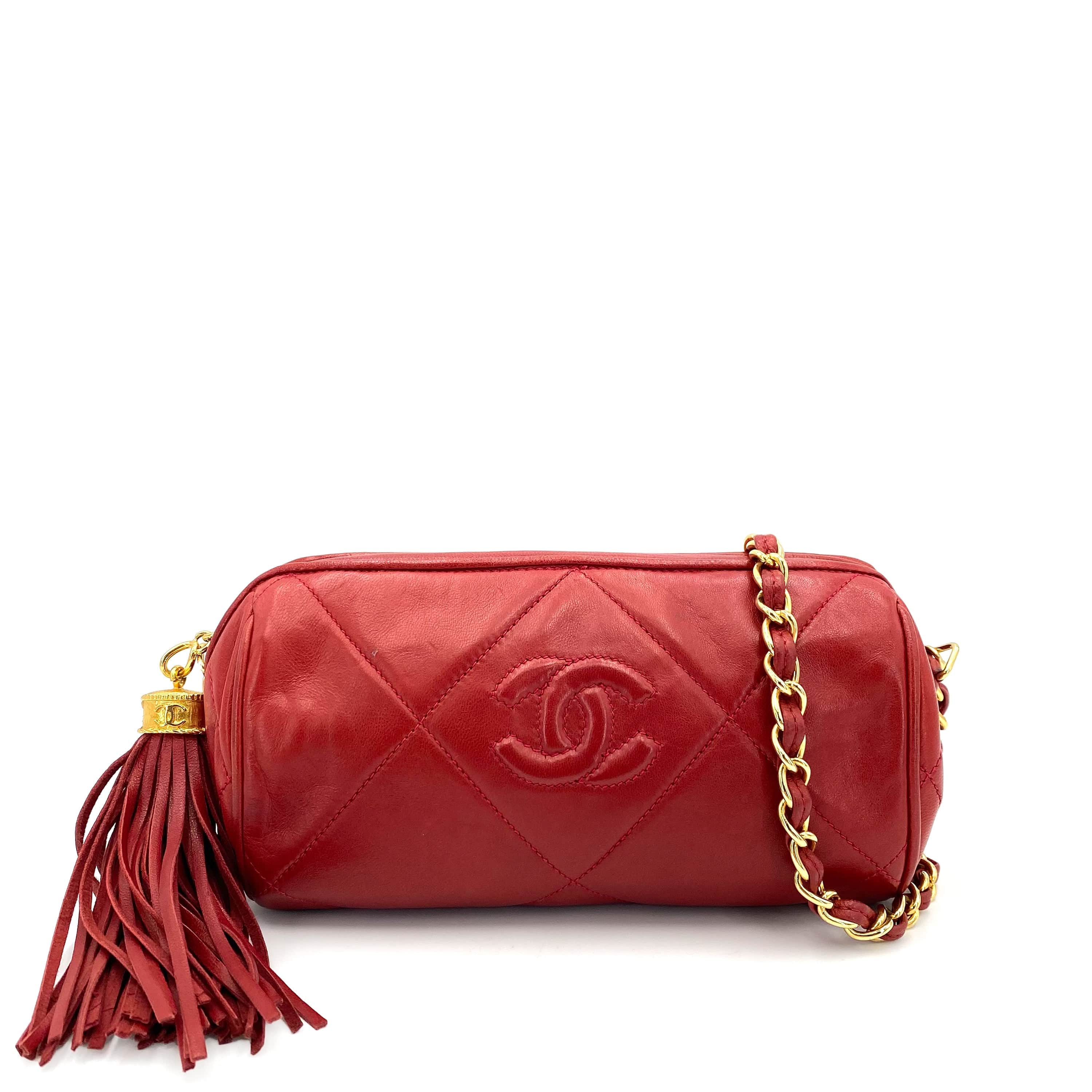 Chanel CHANEL VINTAGE FRINGE CHAIN SHOULDER BAG RED LAMB SKIN 90239413