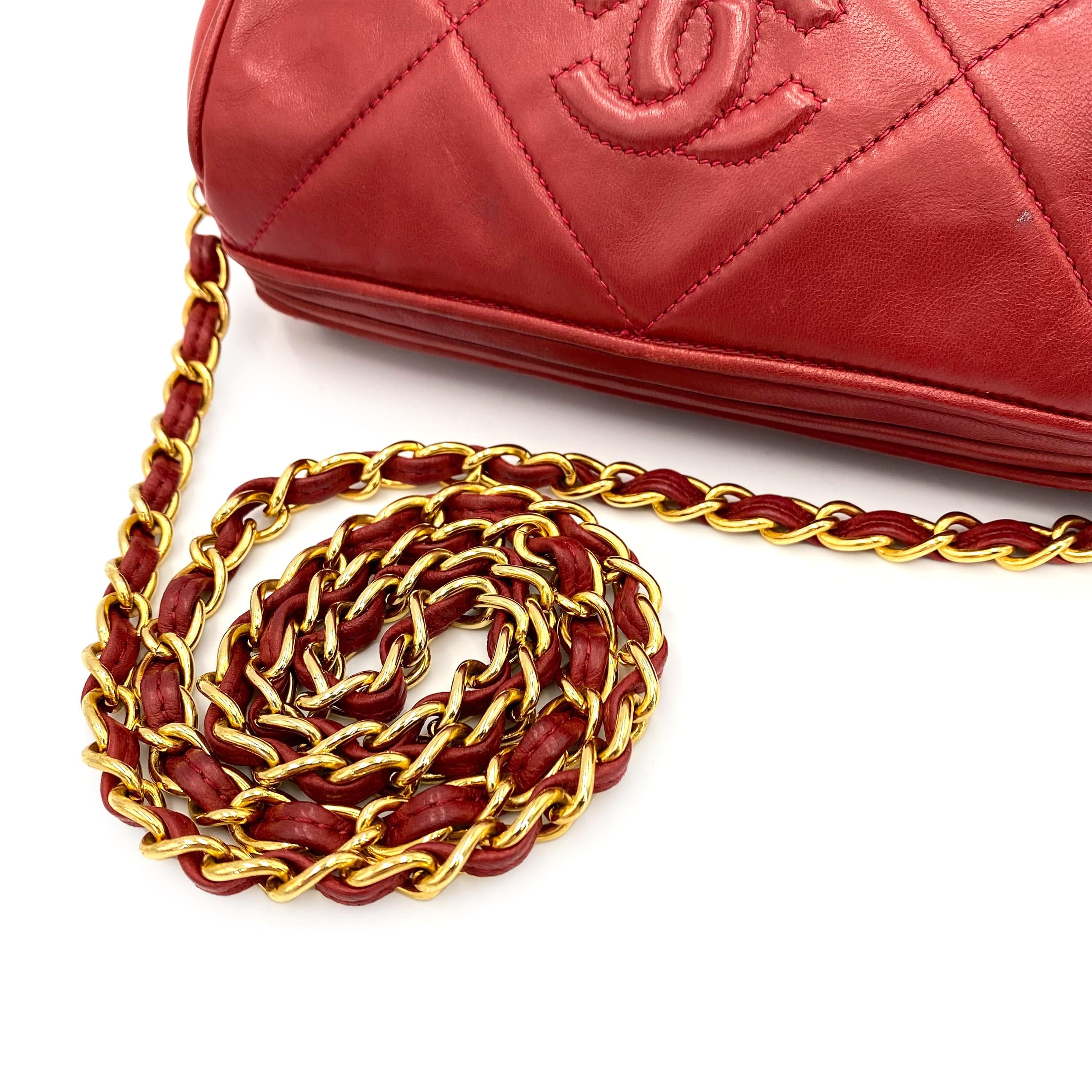 Chanel CHANEL VINTAGE FRINGE CHAIN SHOULDER BAG RED LAMB SKIN 90239413