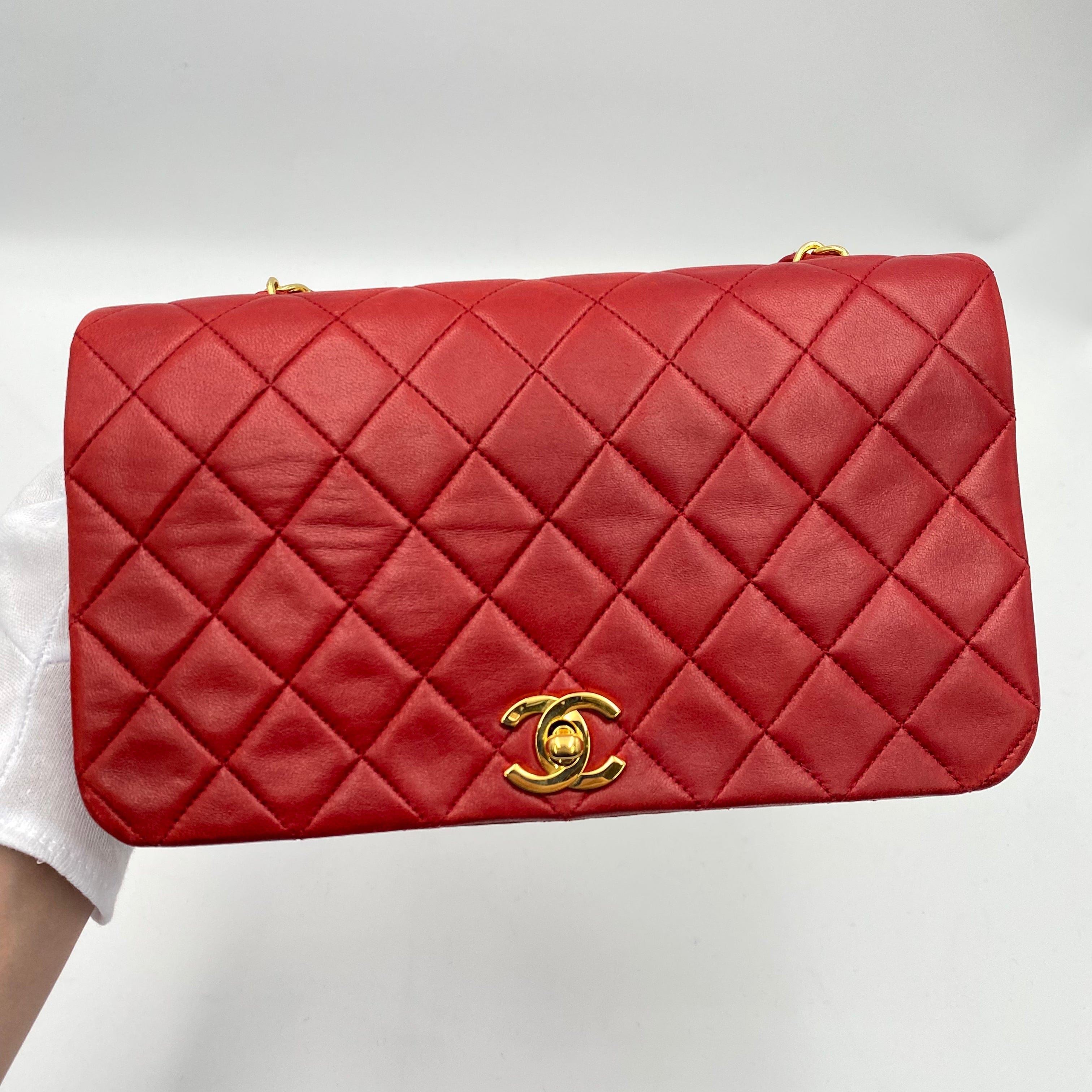 Chanel CHANEL VINTAGE FULL FLAP CHAIN SHOULDER BAG RED LAMB SKIN 90221025