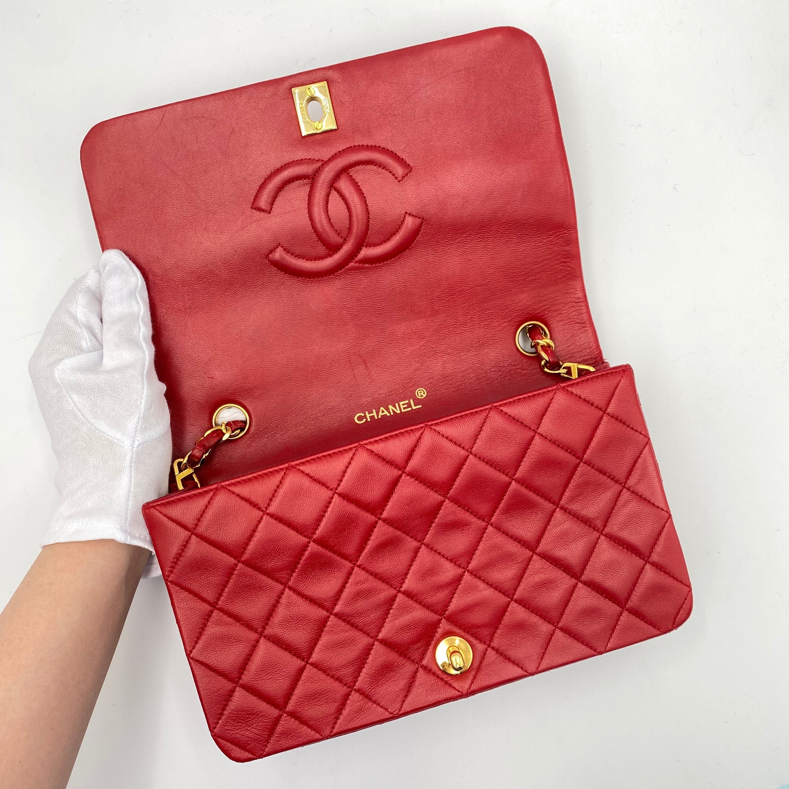 Chanel CHANEL VINTAGE FULL FLAP CHAIN SHOULDER BAG RED LAMB SKIN 90221025