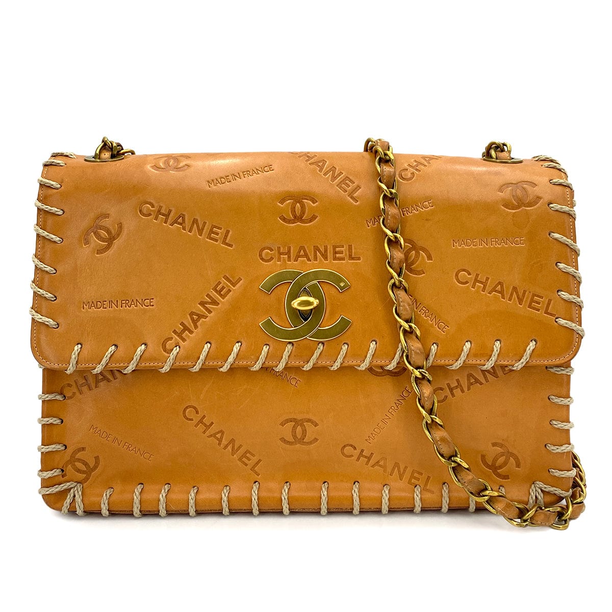 CHANEL CHANEL VINTAGE MAXI 34 BIG COCO CHAIN SHOULDER BAG BEIGE LEATHER 90249032