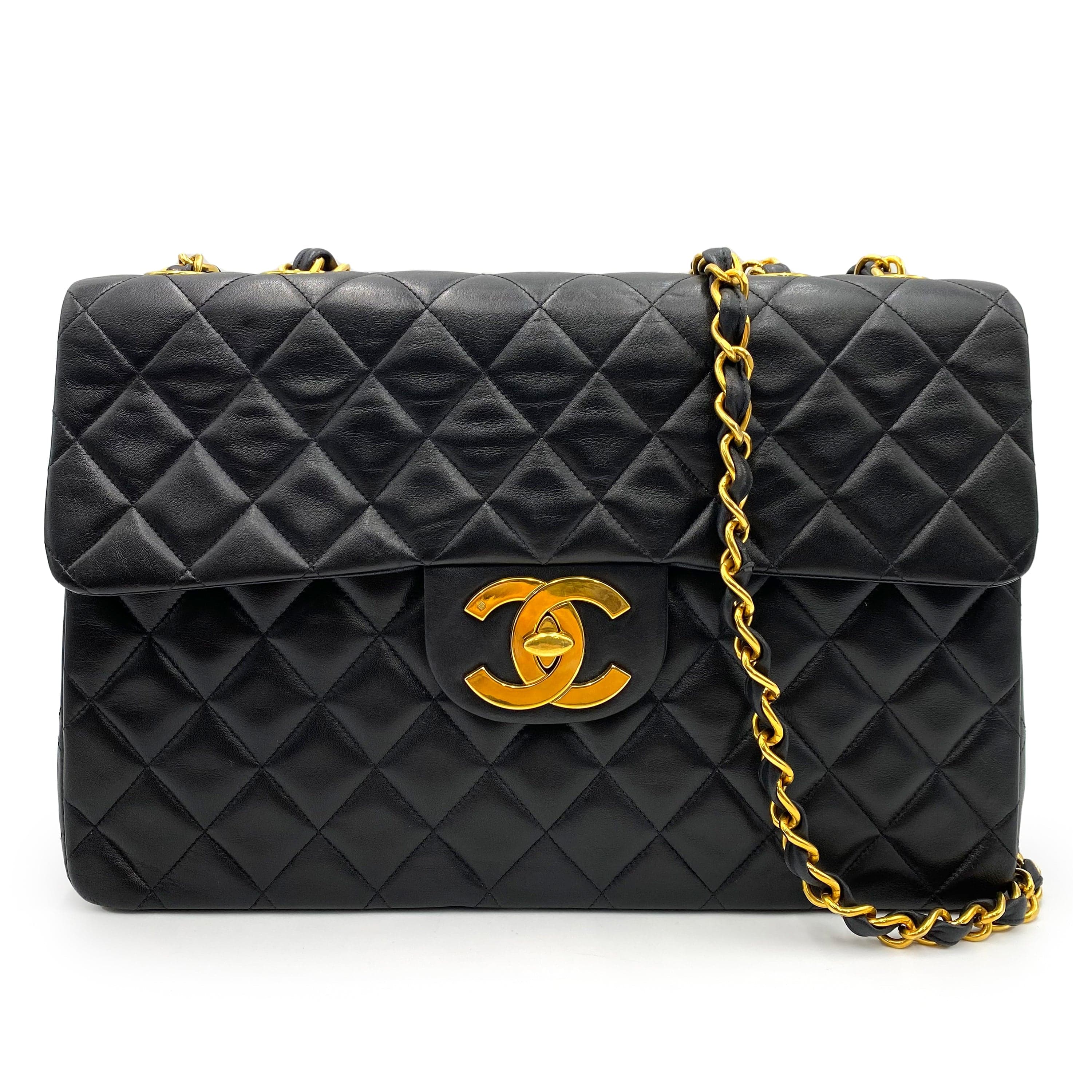 Chanel CHANEL VINTAGE MAXI MATELASSE 34 CHAIN SHOULDER BAG BLACK LAMB SKIN 90235974