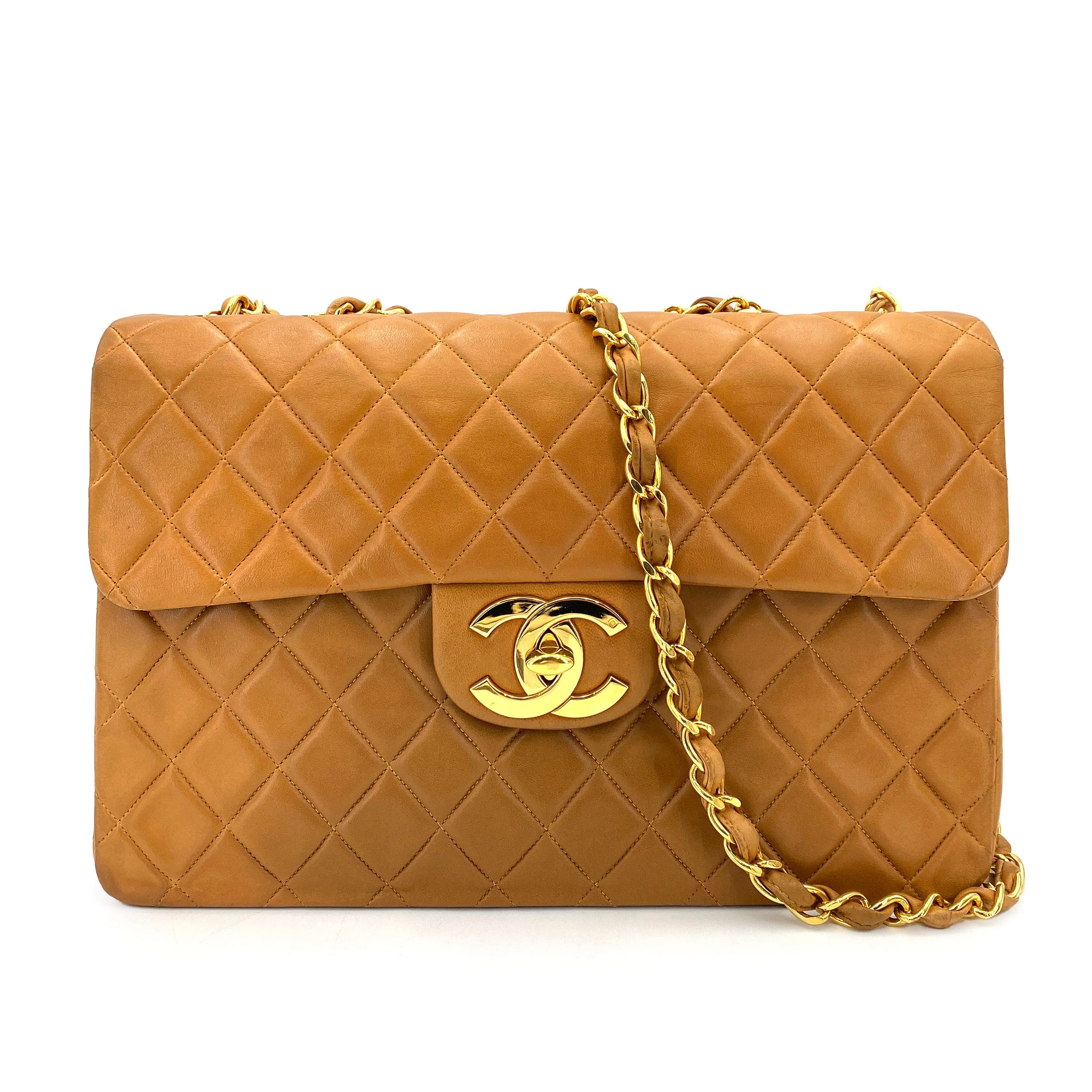 CHANEL CHANEL VINTAGE MAXI MATELASSE 34 CHAIN SHOULDER BAG CAMEL LAMB SKIN 90248811