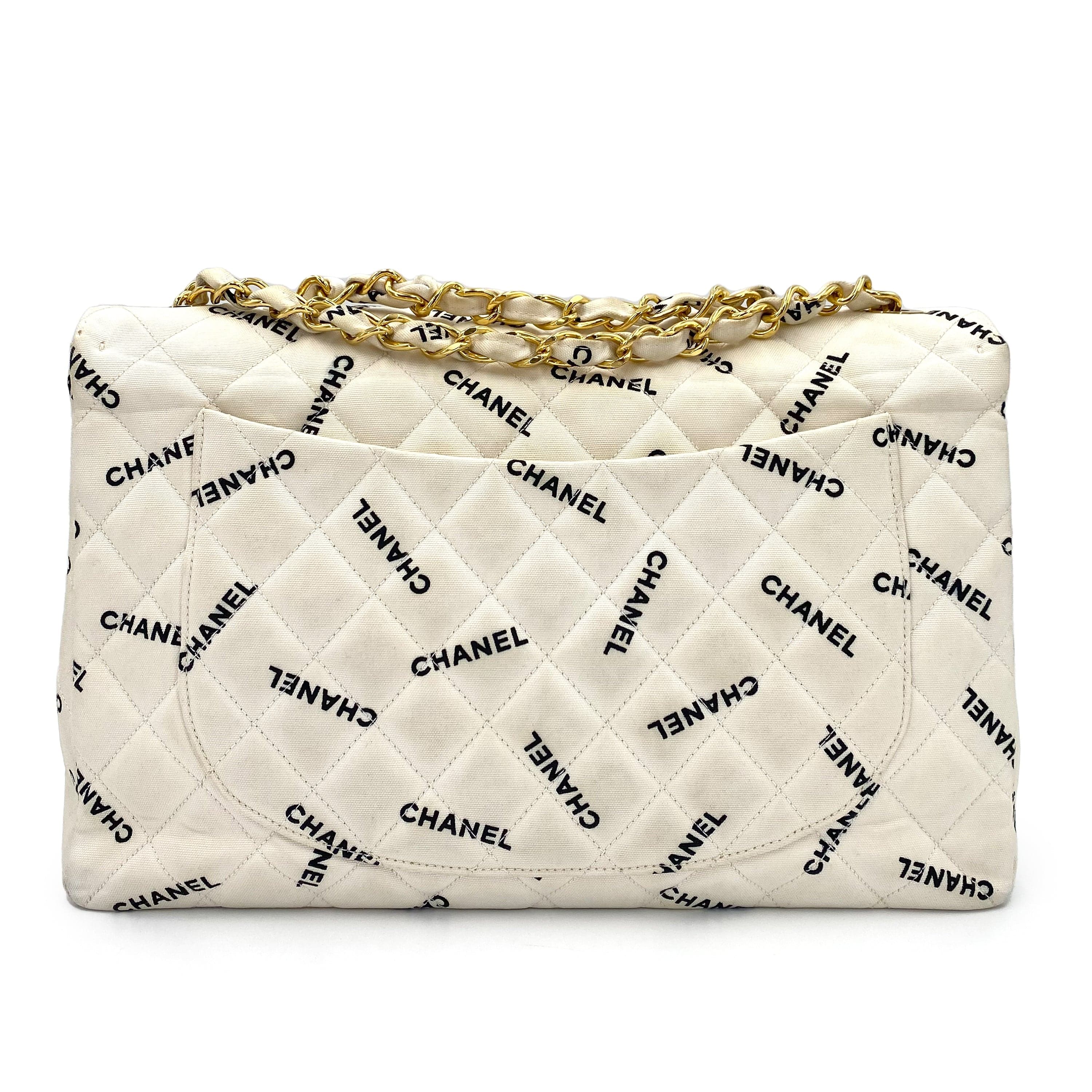 Chanel CHANEL VINTAGE MAXI MATELASSE 34 CHAIN SHOULDER BAG WHITE CANVAS