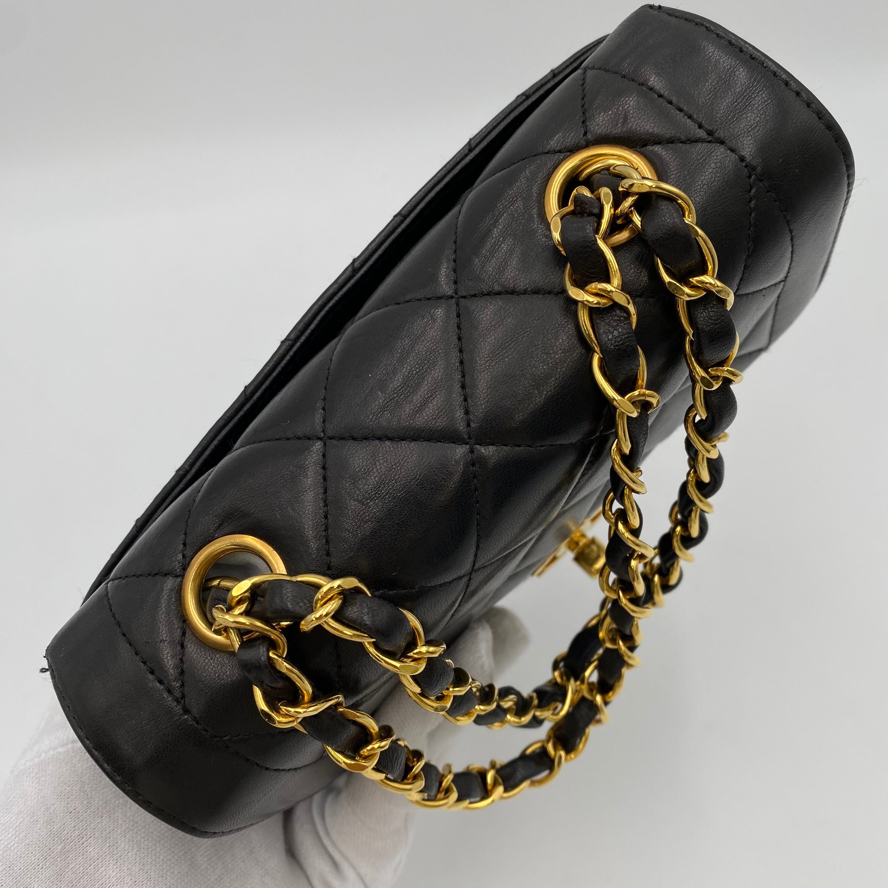 Chanel CHANEL VINTAGE MINI CHAIN HAND BAG BLACK LAMB SKIN