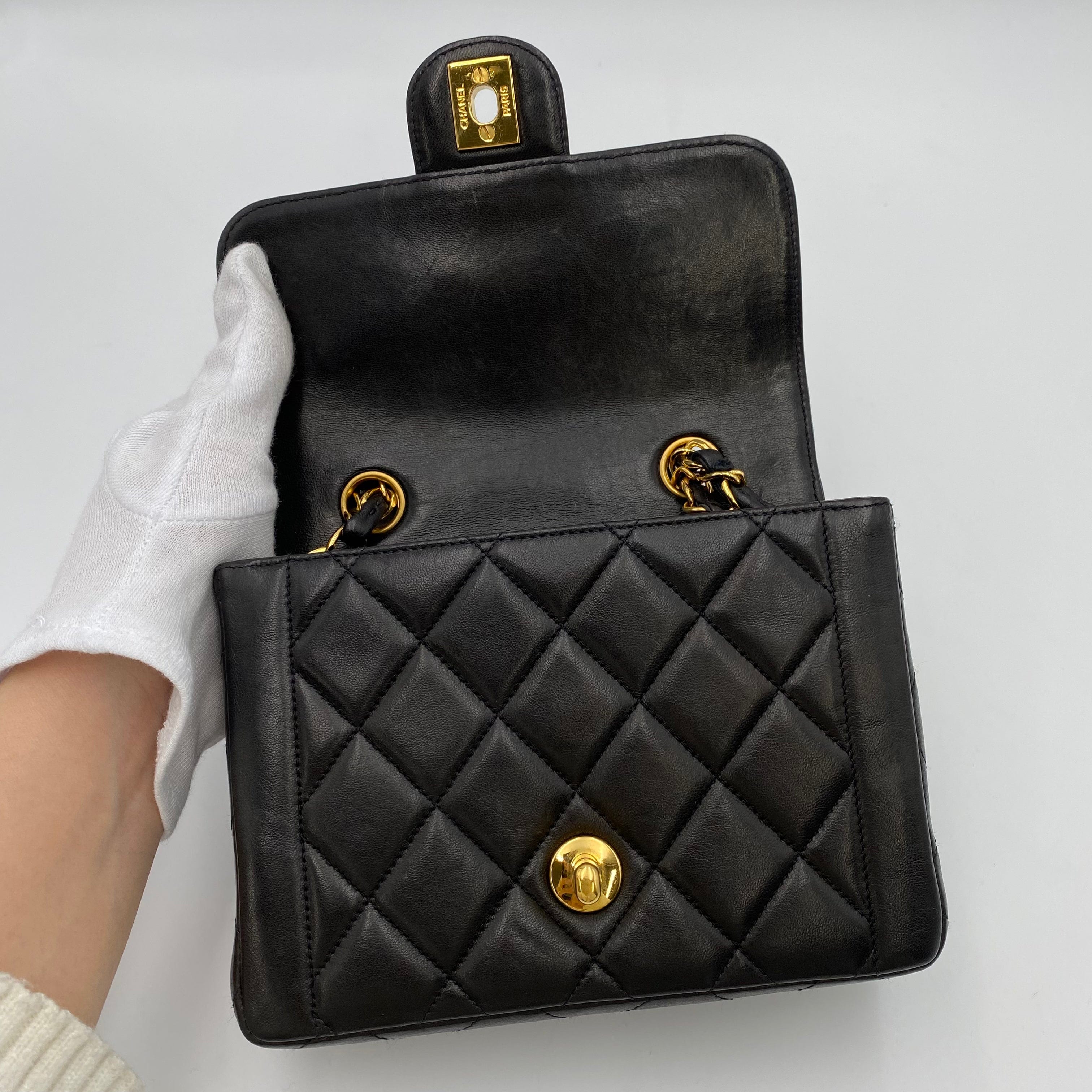 Chanel CHANEL VINTAGE MINI CHAIN HAND BAG BLACK LAMB SKIN