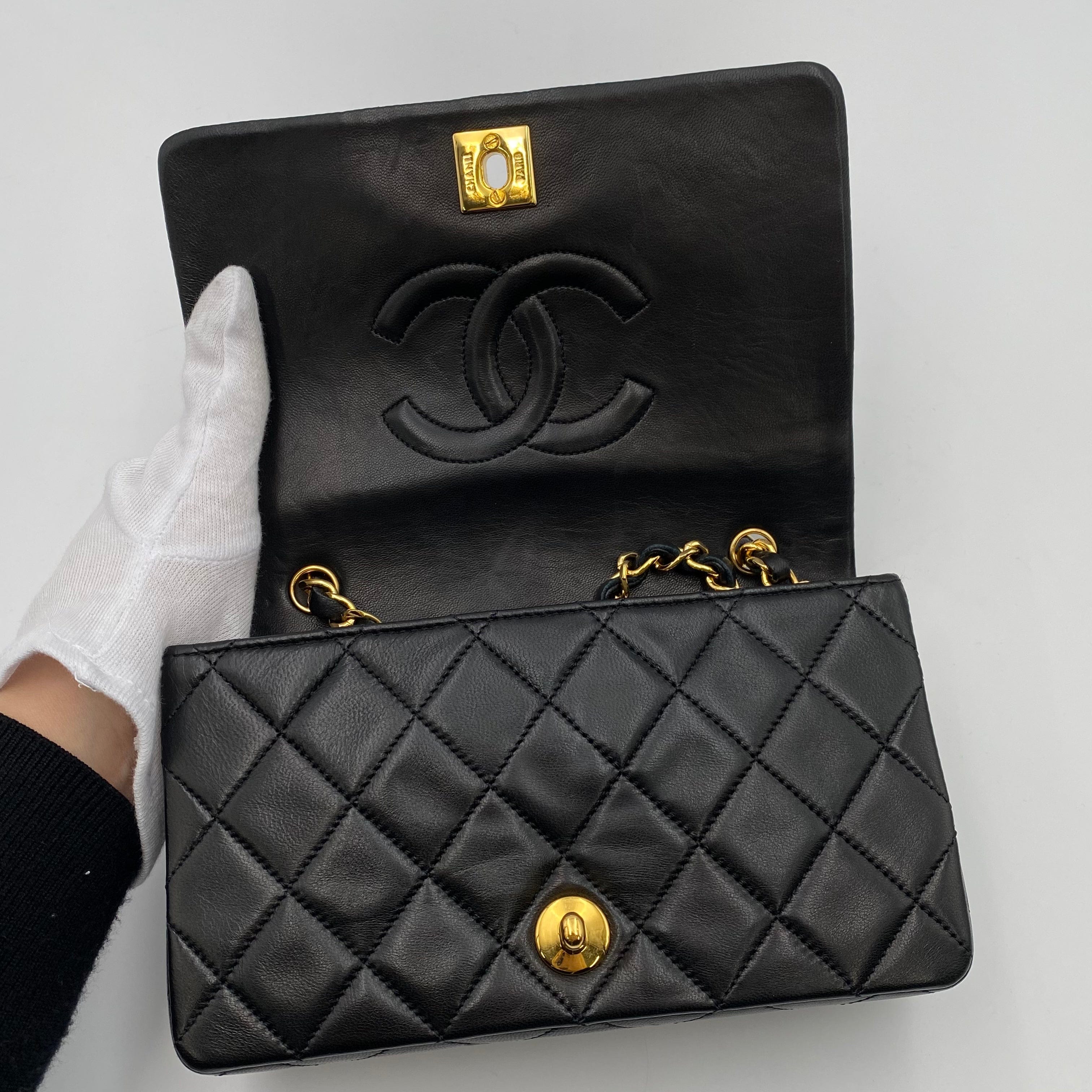 Chanel CHANEL VINTAGE MINI FULL FLAP CHAIN SHOULDER BAG BLACK LAMB SKIN