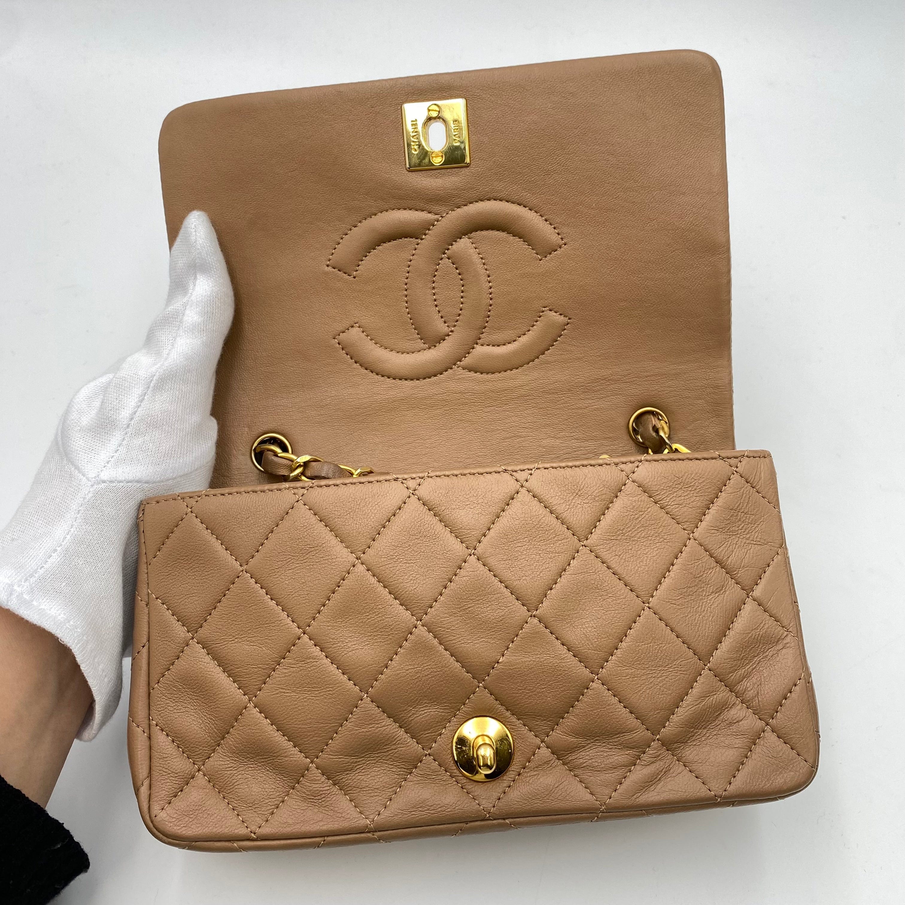 Chanel CHANEL VINTAGE MINI FULL FLAP CHAIN SHOULDER BAG LIGHTBROWN LAMB SKIN 90222278